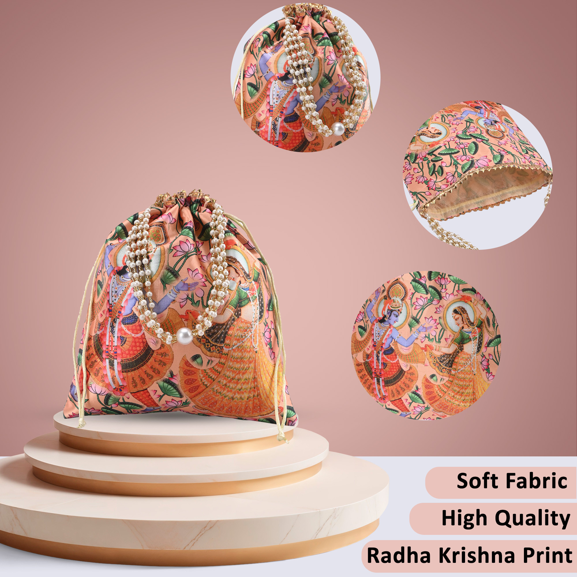 Kuber Industries 8x9 Inch Potli Bag For Women  Girls With Pearl Handles  Gifting Handbag  Purse - Ideal For Party Wedding  Events  Radha Krishna Print - Peach