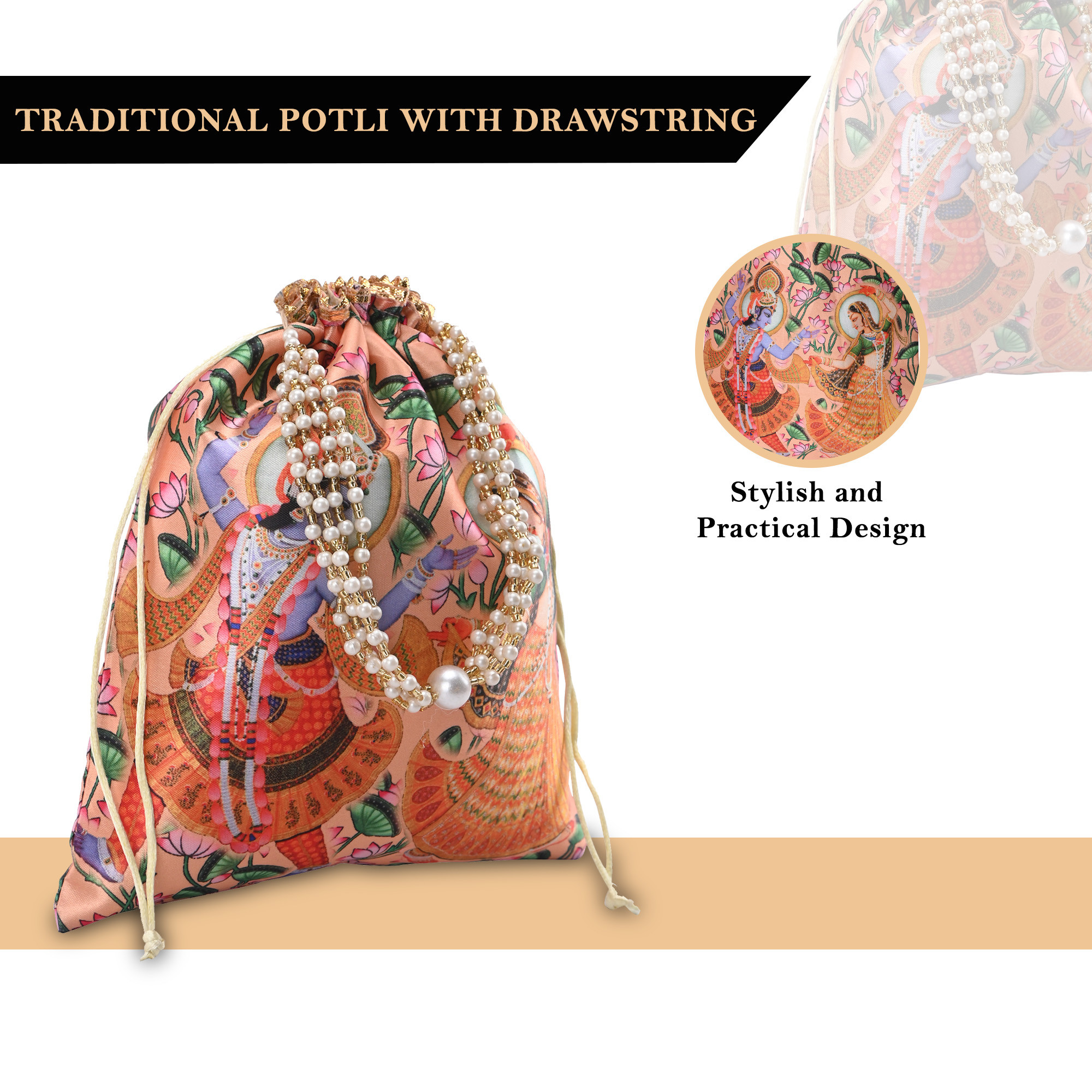 Kuber Industries 8x9 Inch Potli Bag For Women  Girls With Pearl Handles  Gifting Handbag  Purse - Ideal For Party Wedding  Events  Radha Krishna Print - Peach