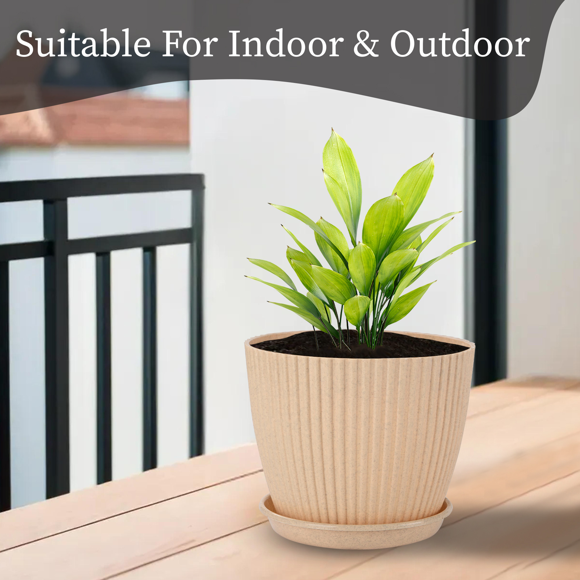 Kuber Industries 9 Inches Flower Pots for Garden with Tray  Planters for Home Decor  Gamla  Gardening Pots for Balcony  Indoor  Plant Pot for Living Room  Marble Mega - Beige