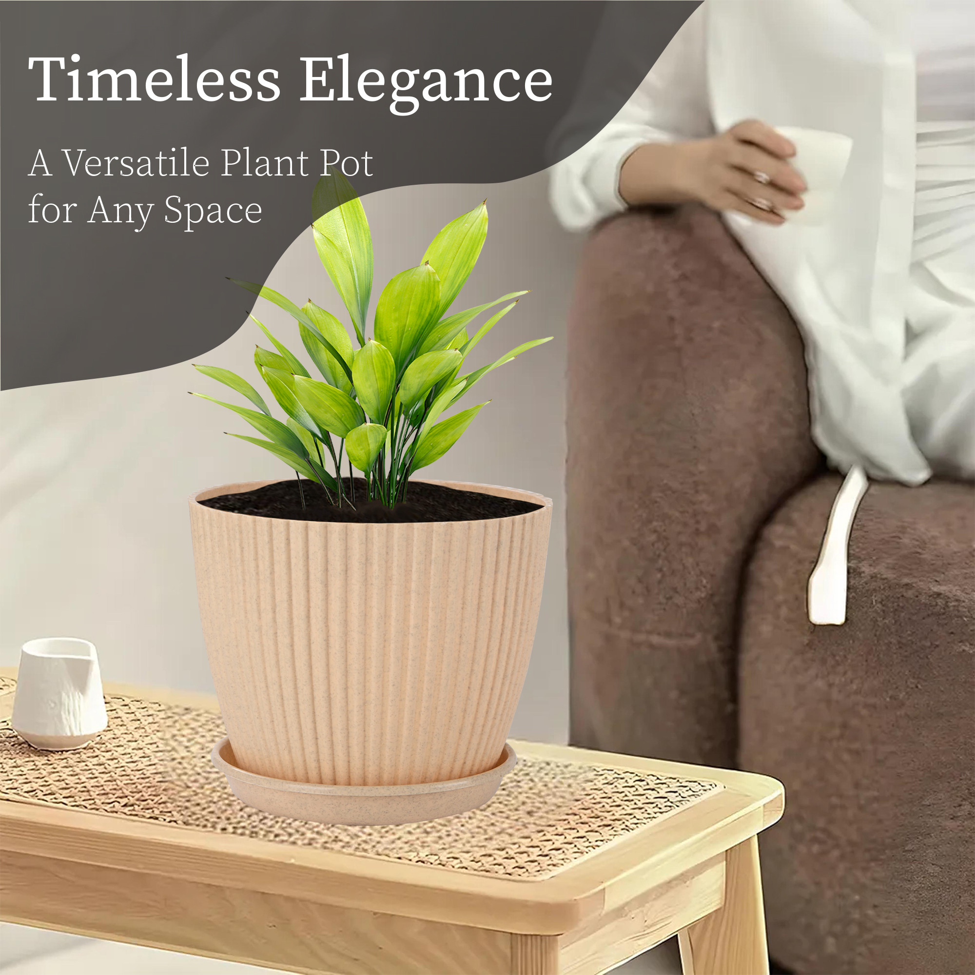 Kuber Industries 9 Inches Flower Pots for Garden with Tray  Planters for Home Decor  Gamla  Gardening Pots for Balcony  Indoor  Plant Pot for Living Room  Marble Mega - Beige