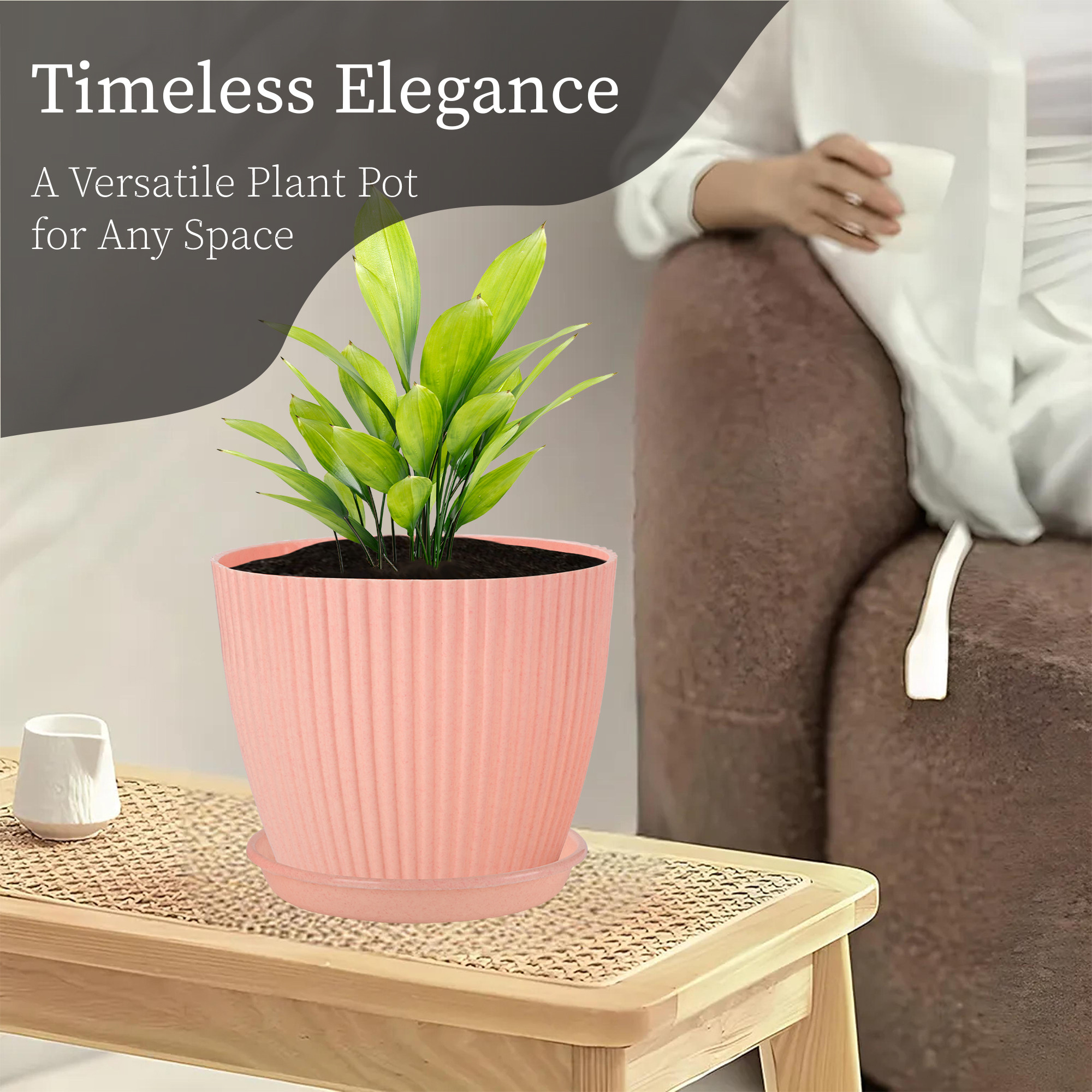 Kuber Industries 9 Inches Flower Pots for Garden with Tray  Planters for Home Decor  Gamla  Gardening Pots for Balcony  Indoor  Plant Pot for Living Room  Marble Mega - Peach