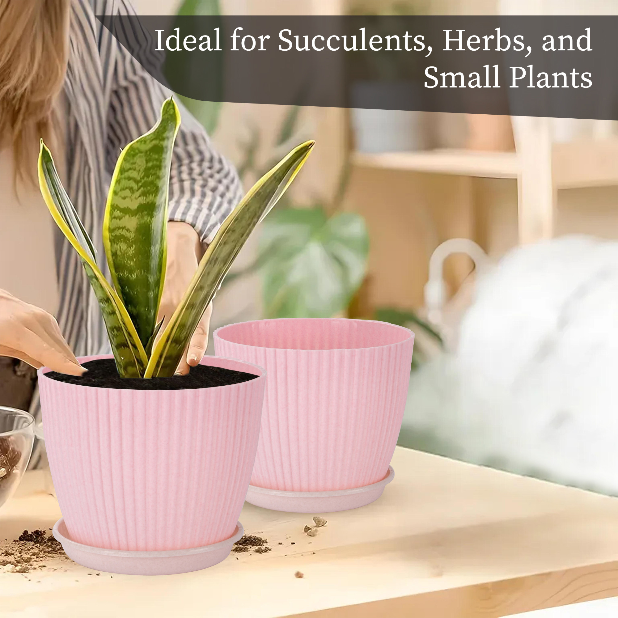 Kuber Industries 9 Inches Flower Pots for Garden with Tray  Planters for Home Decor  Gamla  Gardening Pots for Balcony  Indoor  Plant Pot for Living Room  Marble Mega - Pink