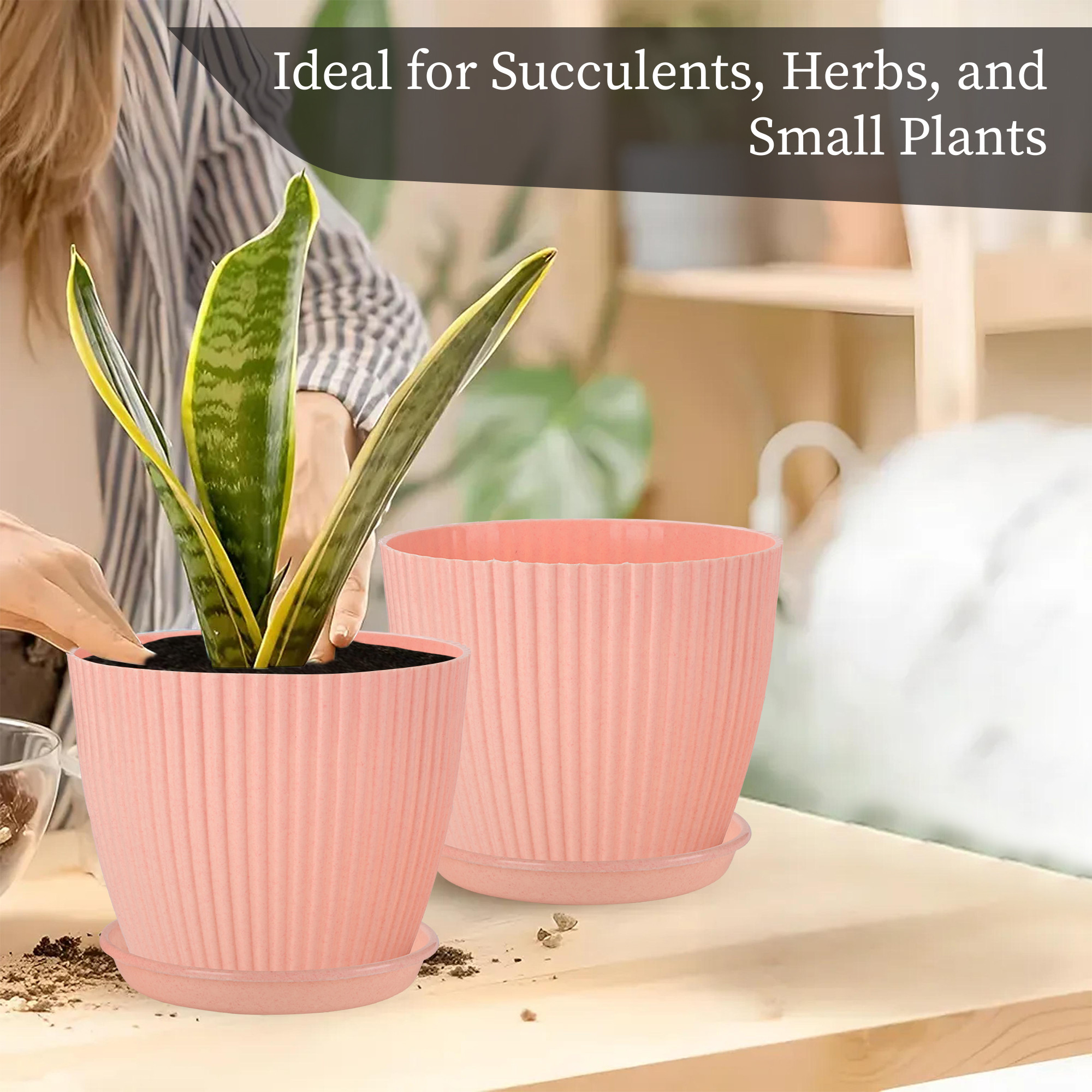 Kuber Industries 9 Inches Flower Pots for Garden with Tray  Planters for Home Decor  Gamla  Gardening Pots for Balcony  Indoor  Plant Pot for Living Room  Marble Mega - Peach