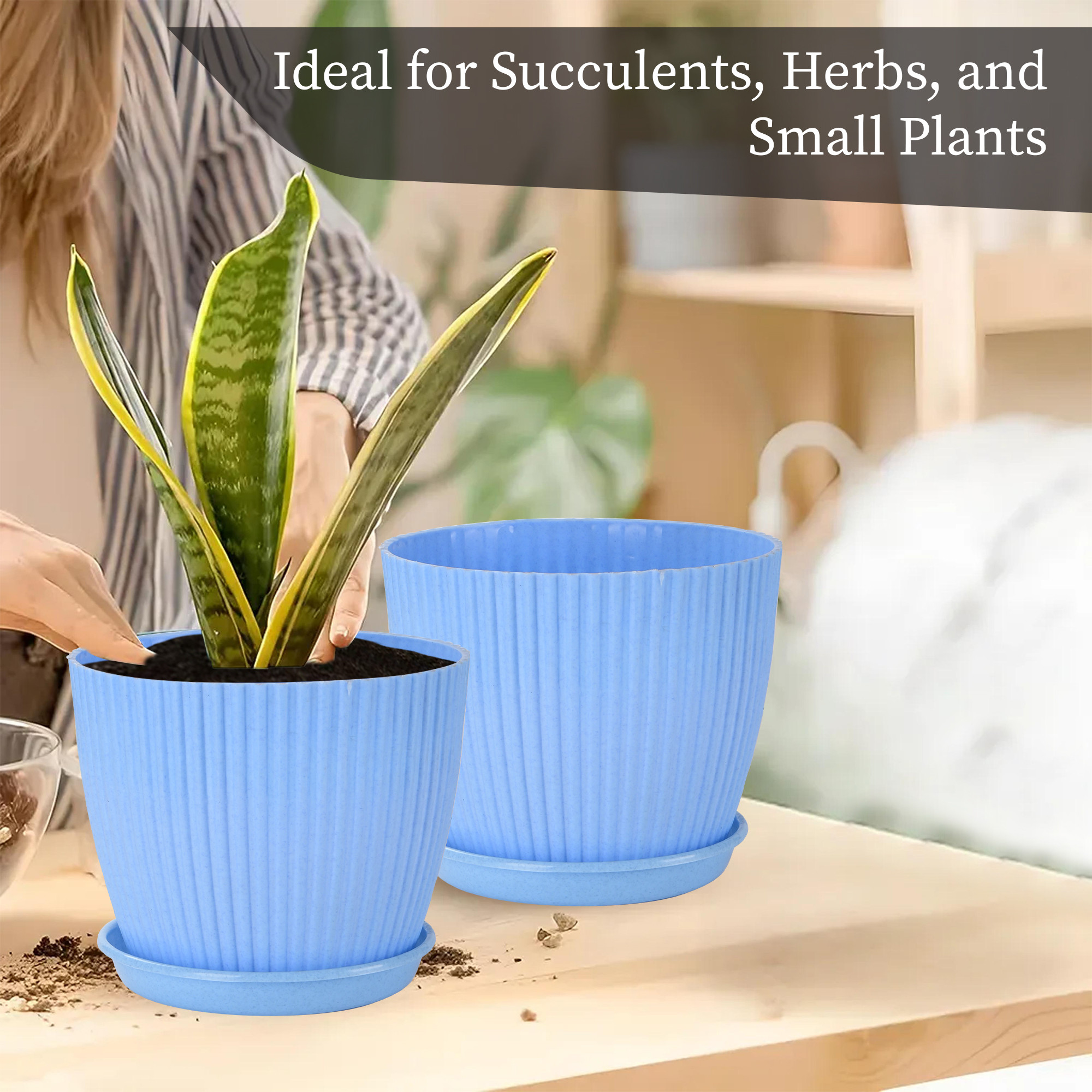 Kuber Industries 9 Inches Flower Pots for Garden with Tray  Planters for Home Decor  Gamla  Gardening Pots for Balcony  Indoor  Plant Pot for Living Room Marble Mega - Blue
