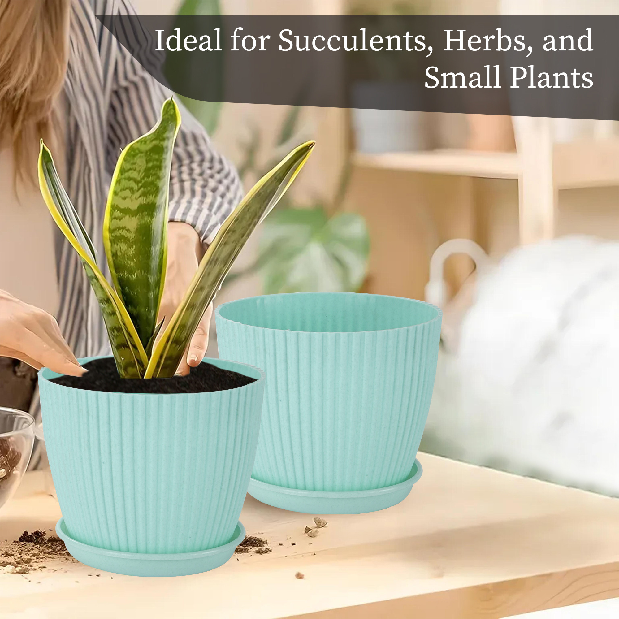Kuber Industries 9 Inches Flower Pots for Garden with Tray  Planters for Home Decor  Gamla  Gardening Pots for Balcony  Indoor  Plant Pot for Living Room  Marble Mega - Green
