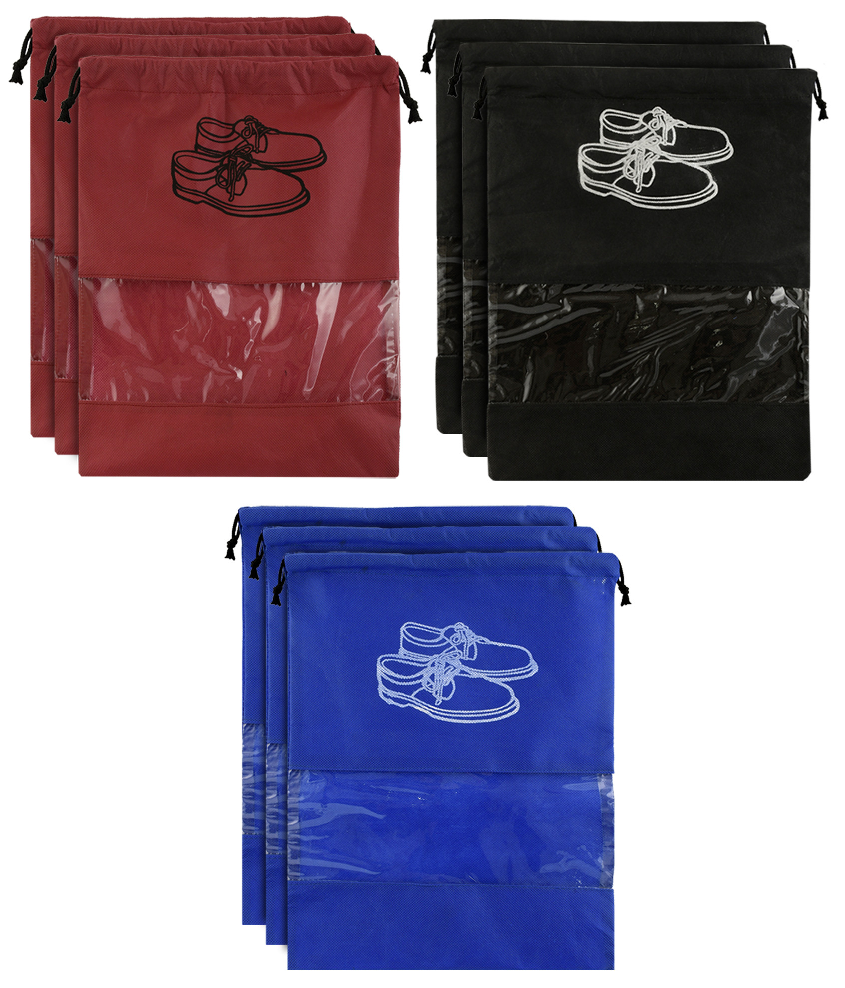 Kuber Industries 9 Piece Non Woven Travel Shoe Organizer Space Saving Fabric Storage Bags Organizer (Royal Blue & Black & Maroon)-KUBMART970