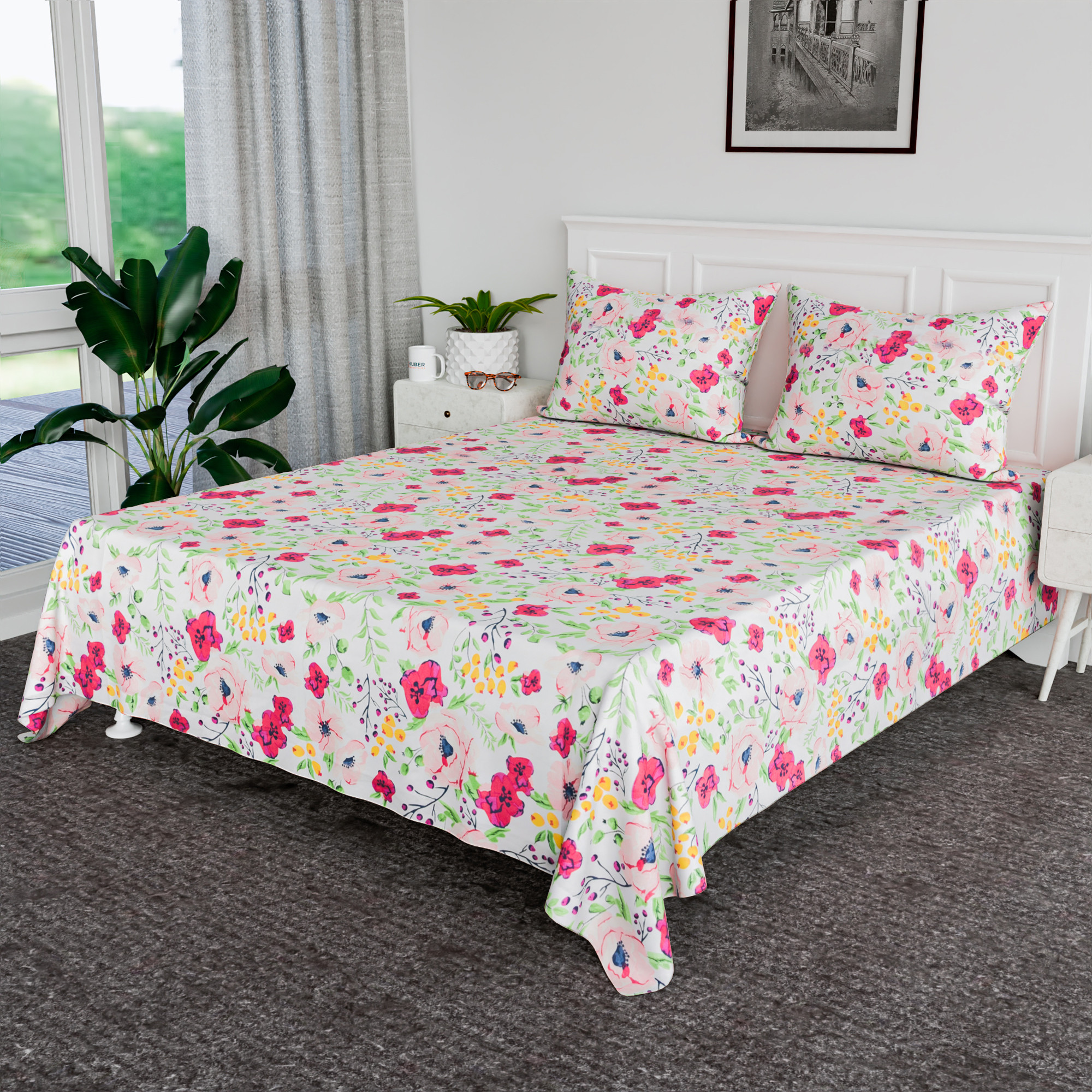 Kuber Industries 90x100 Inch Cotton Bedsheets for Double Bed with 2 Pillow Covers  Easy to Wash  Maintain Double Bedsheet Cotton Fabric - for Daily Use  Flower Print -Pink  White