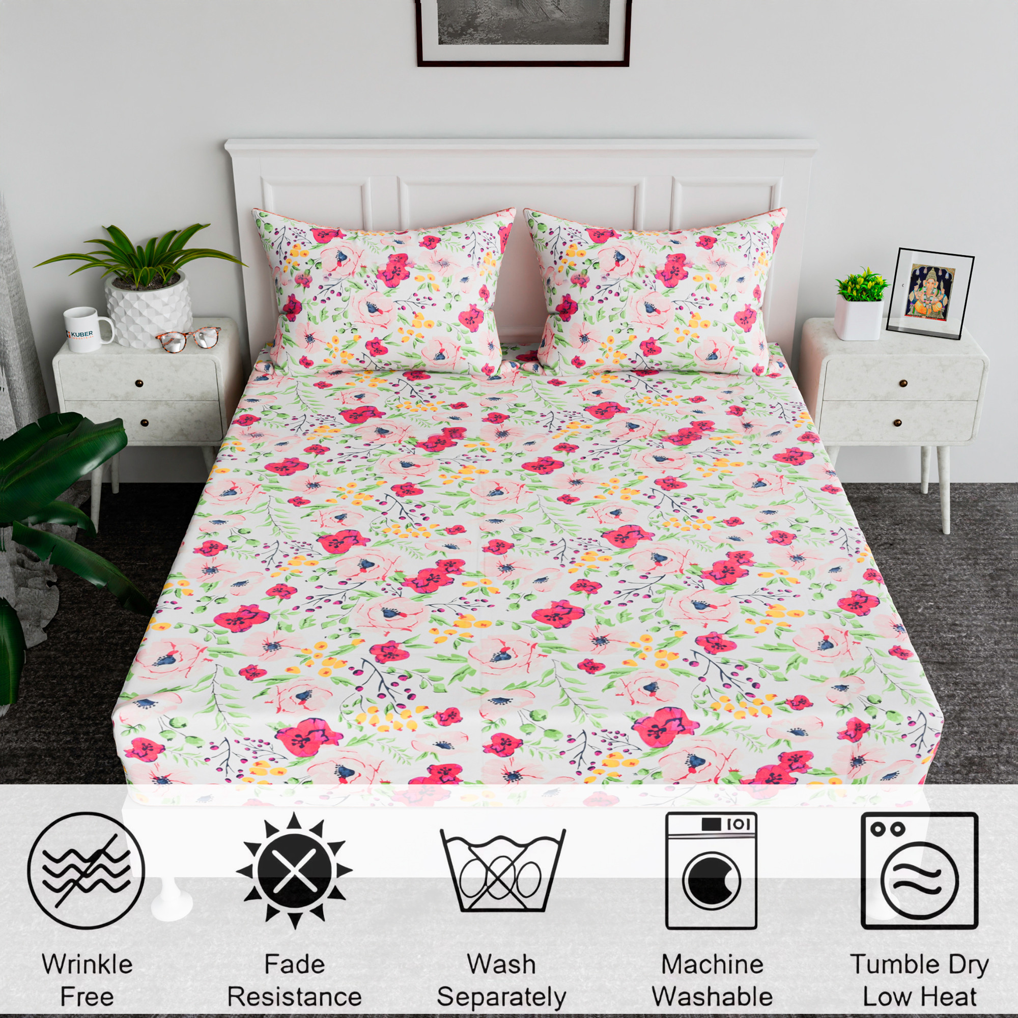 Kuber Industries 90x100 Inch Cotton Bedsheets for Double Bed with 2 Pillow Covers  Easy to Wash  Maintain Double Bedsheet Cotton Fabric - for Daily Use  Flower Print -Pink  White