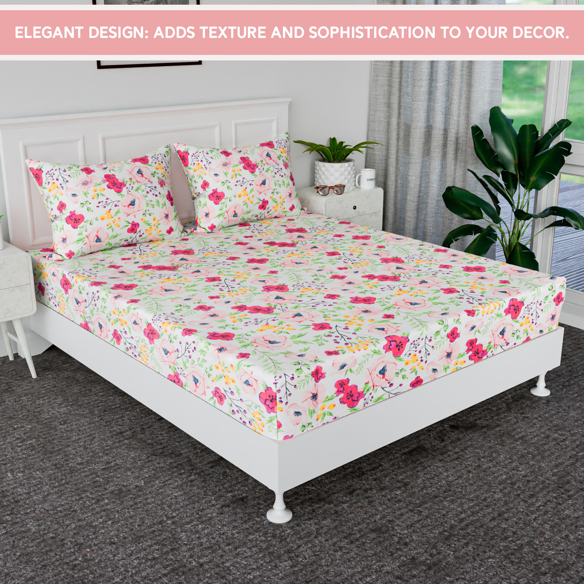 Kuber Industries 90x100 Inch Cotton Bedsheets for Double Bed with 2 Pillow Covers  Easy to Wash  Maintain Double Bedsheet Cotton Fabric - for Daily Use  Flower Print -Pink  White