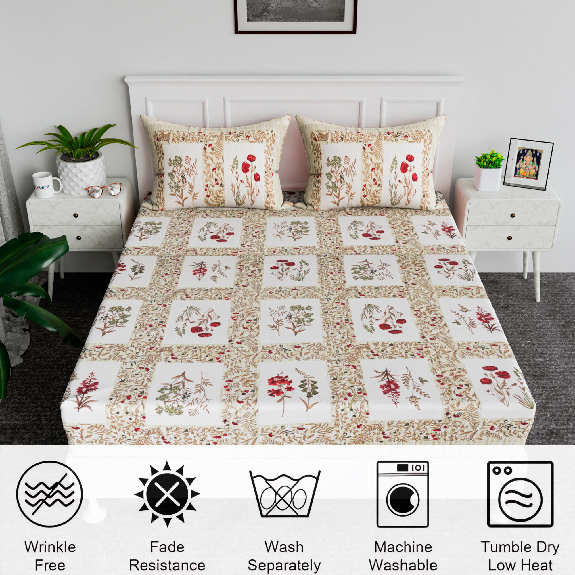 Kuber Industries 90x108 Inch Cotton Bedsheets for Double Bed with 2 Pillow Covers  Easy to Wash  Maintain Double Bedsheet Cotton Fabric - for Daily Use  Dezier Check Flower -Parrot Green