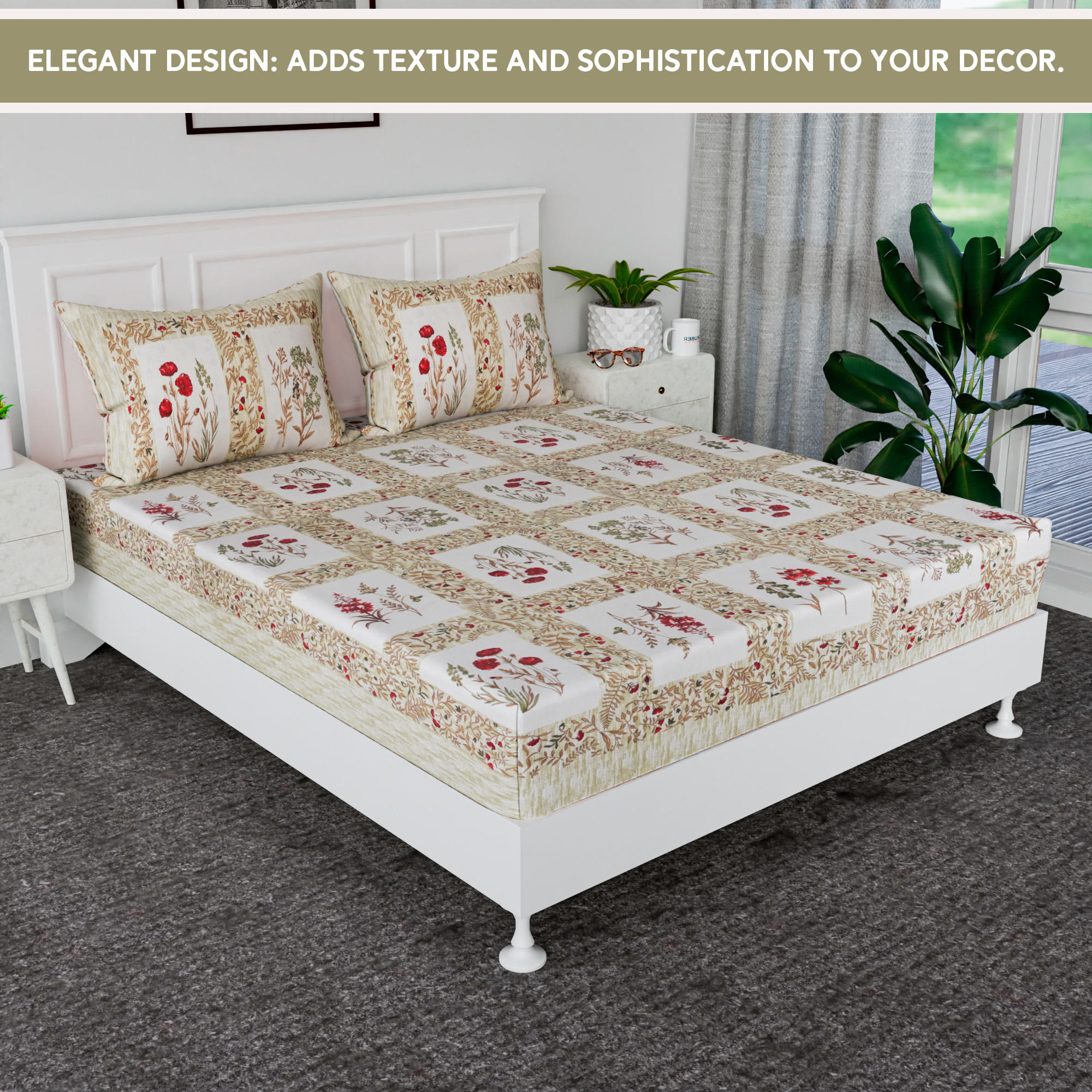 Kuber Industries 90x108 Inch Cotton Bedsheets for Double Bed with 2 Pillow Covers  Easy to Wash  Maintain Double Bedsheet Cotton Fabric - for Daily Use  Dezier Check Flower -Parrot Green