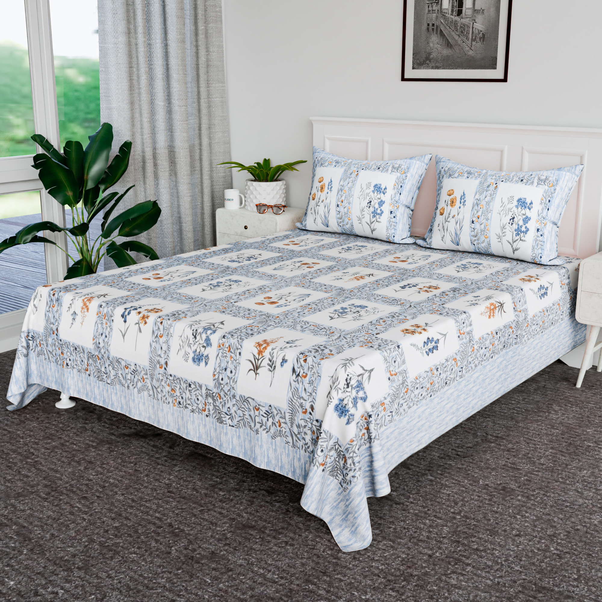 Kuber Industries 90x108 Inch Cotton Bedsheets for Double Bed with 2 Pillow Covers  Easy to Wash  Maintain Double Bedsheet Cotton Fabric - for Daily Use  Dezier Check Flower -Blue