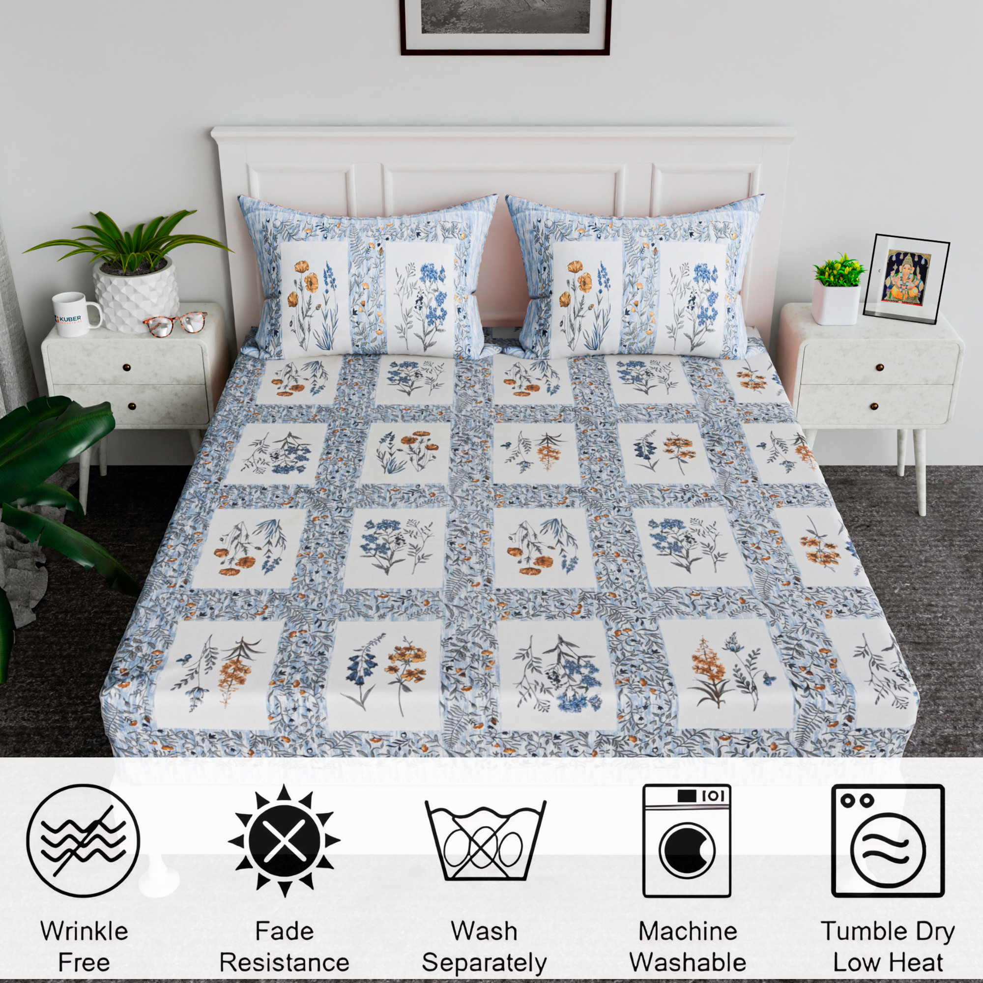 Kuber Industries 90x108 Inch Cotton Bedsheets for Double Bed with 2 Pillow Covers  Easy to Wash  Maintain Double Bedsheet Cotton Fabric - for Daily Use  Dezier Check Flower -Blue
