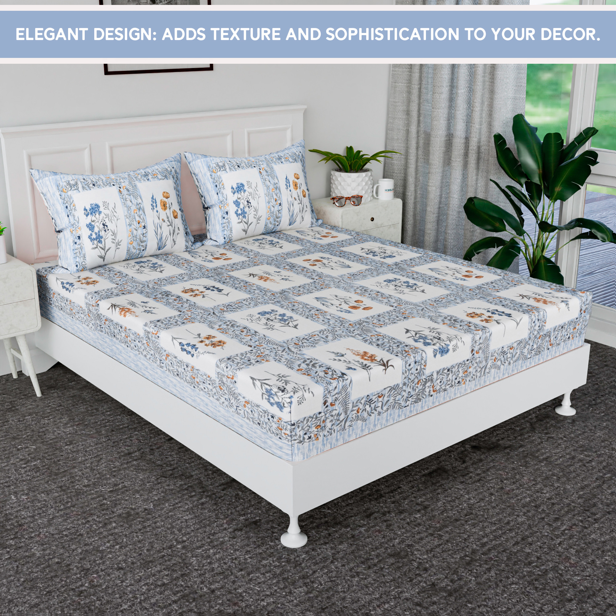 Kuber Industries 90x108 Inch Cotton Bedsheets for Double Bed with 2 Pillow Covers  Easy to Wash  Maintain Double Bedsheet Cotton Fabric - for Daily Use  Dezier Check Flower -Blue