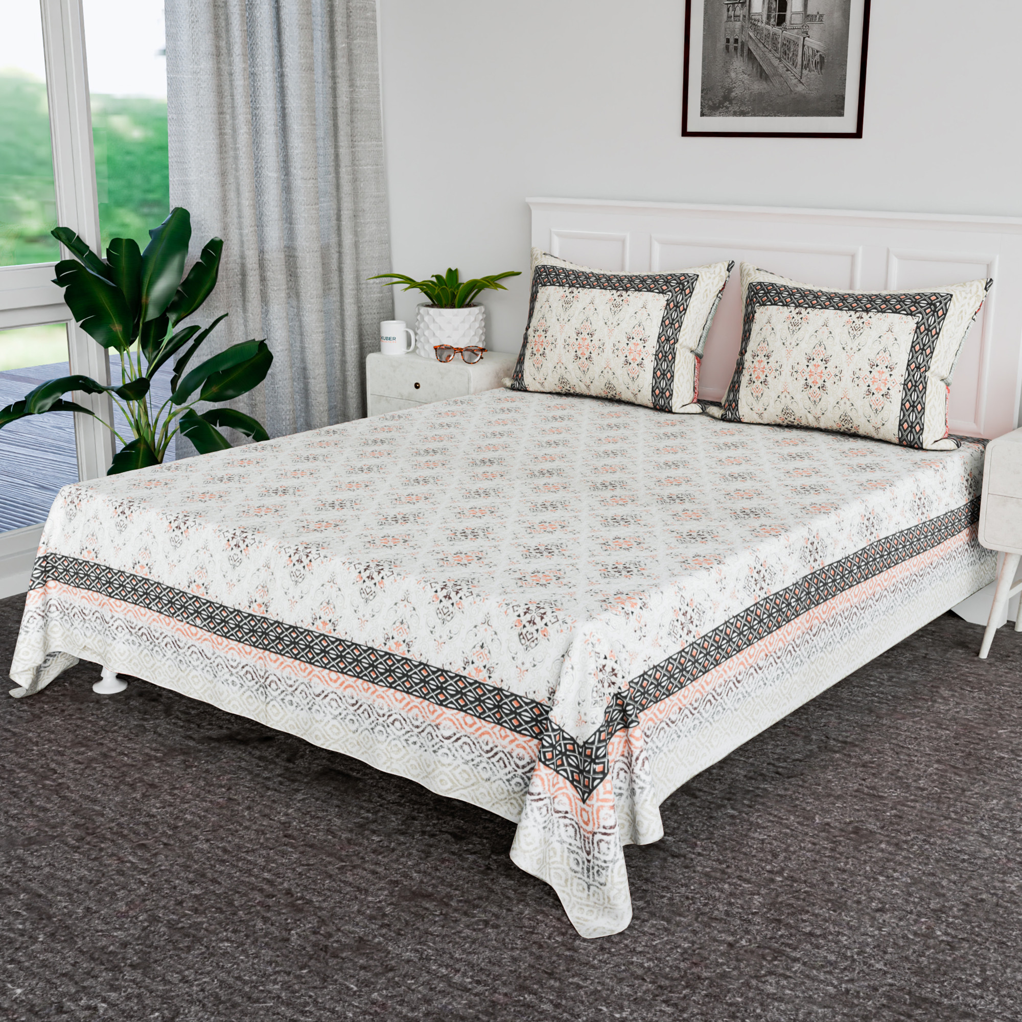 Kuber Industries 90x108 Inch Cotton Bedsheets for Double Bed with 2 Pillow Covers  Easy to Wash  Maintain Double Bedsheet Cotton Fabric - for Daily Use  Dezier Carpet Print -Green