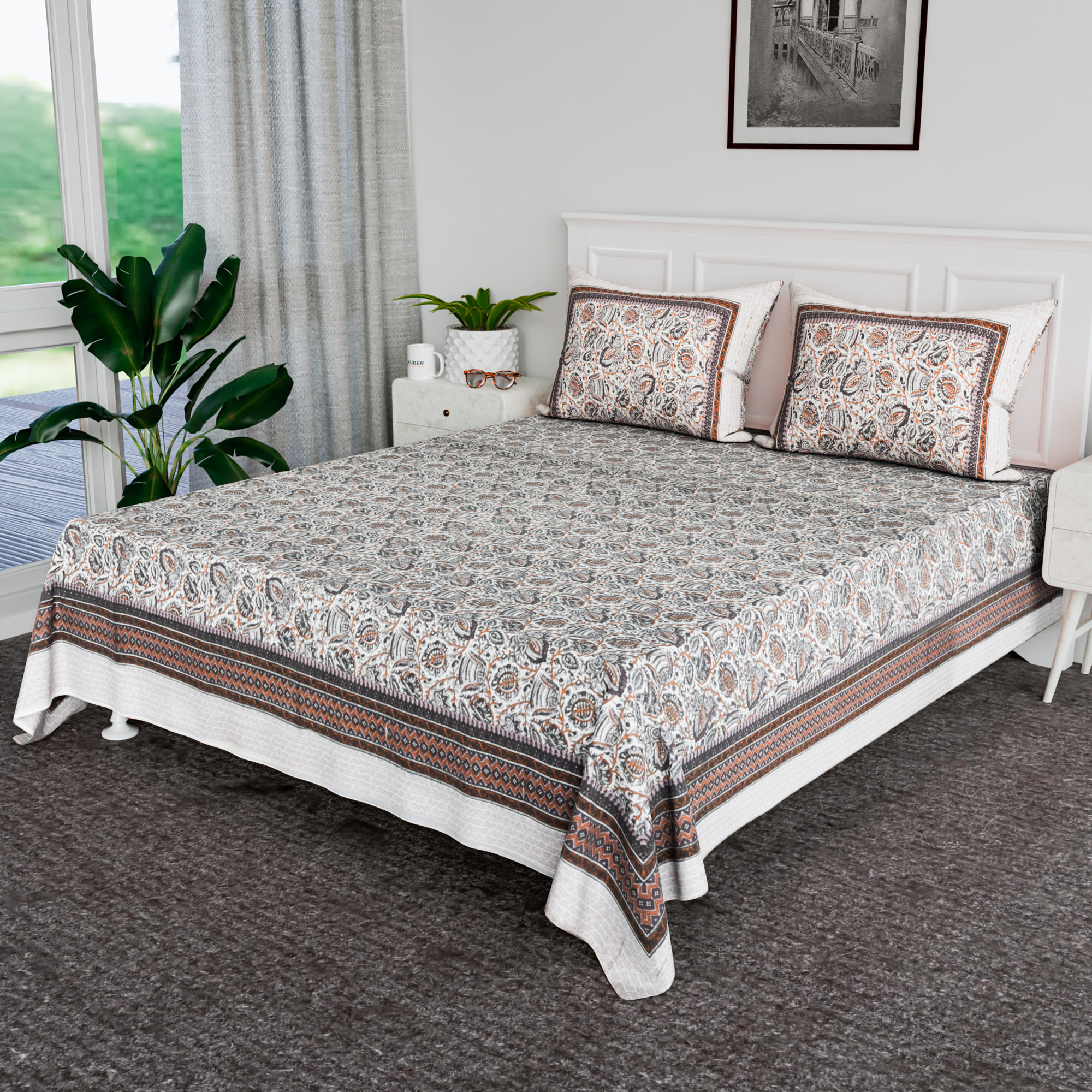 Kuber Industries 90x108 Inch Cotton Bedsheets for Double Bed with 2 Pillow Covers  Easy to Wash  Maintain Double Bedsheet Cotton Fabric - for Daily Use  Dezier Bell Print -Purple