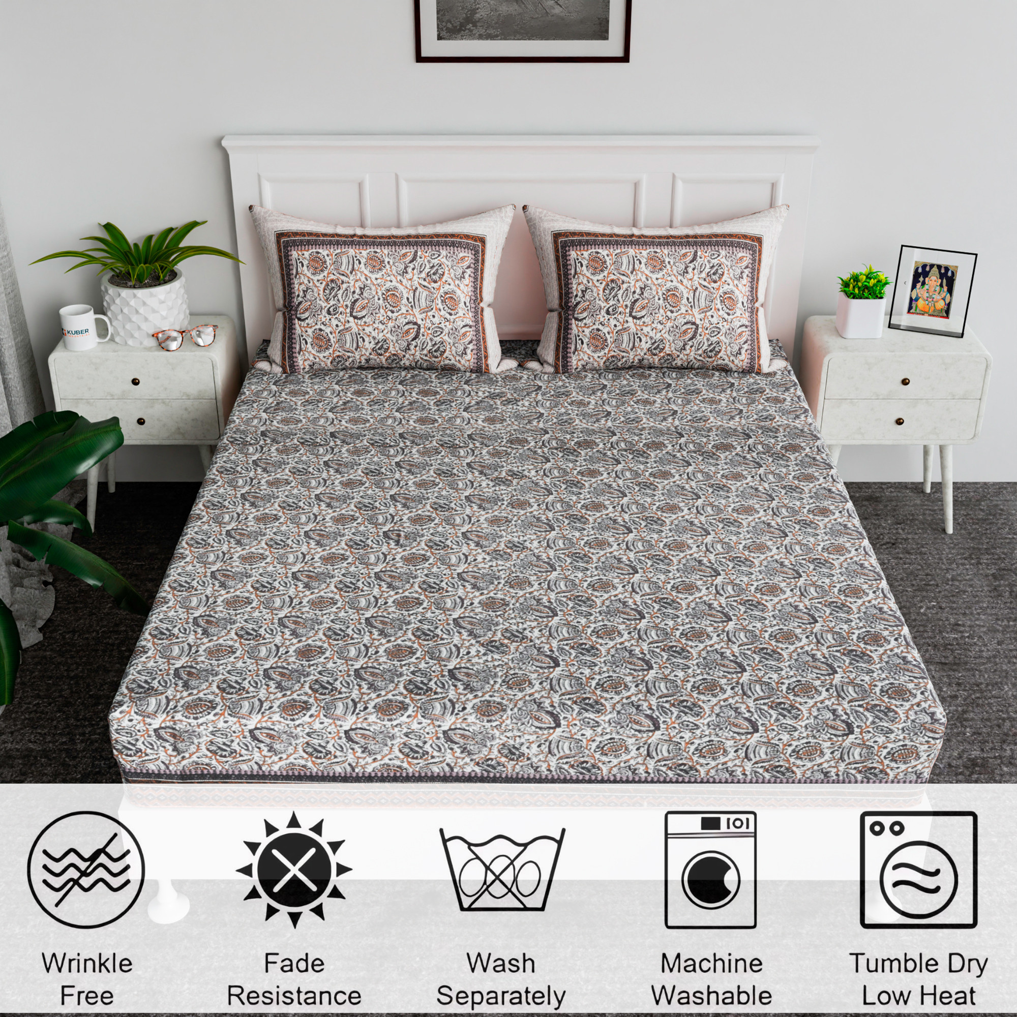 Kuber Industries 90x108 Inch Cotton Bedsheets for Double Bed with 2 Pillow Covers  Easy to Wash  Maintain Double Bedsheet Cotton Fabric - for Daily Use  Dezier Bell Print -Purple