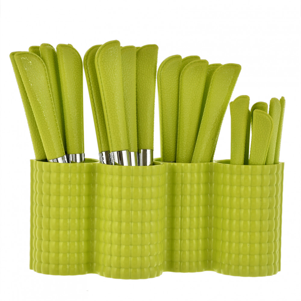 Kuber Industries ABS Plastic &amp; Stainless Steel Nice Cutlery Set, 6 Dessert Spoon, 6 Fork, 6 Soup Spoon, 6 Tea Spoon With 1 Stand (Set of 24, Green)-KUBMART3294