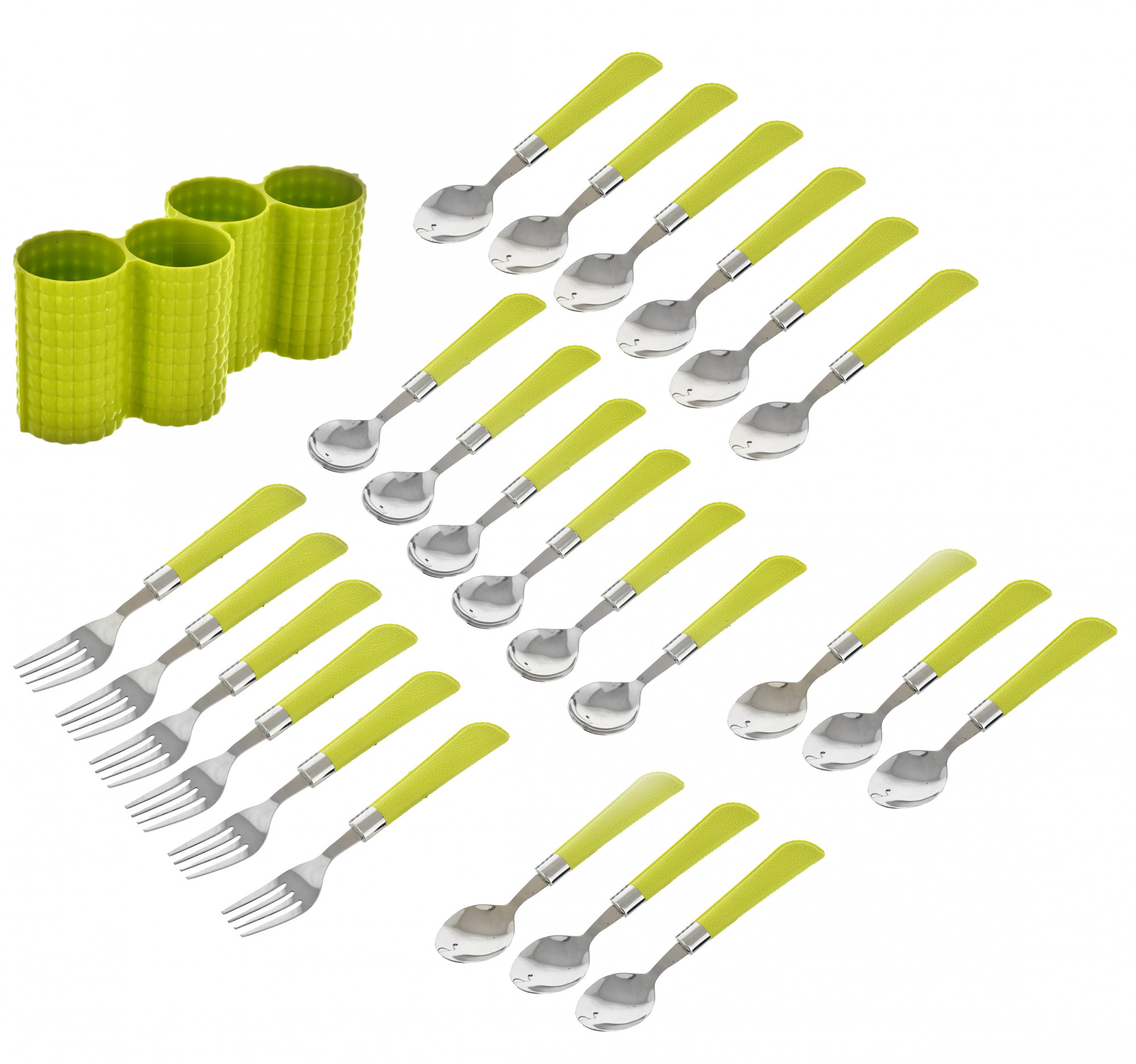 Kuber Industries ABS Plastic & Stainless Steel Nice Cutlery Set, 6 Dessert Spoon, 6 Fork, 6 Soup Spoon, 6 Tea Spoon With 1 Stand (Set of 24, Green)-KUBMART3294