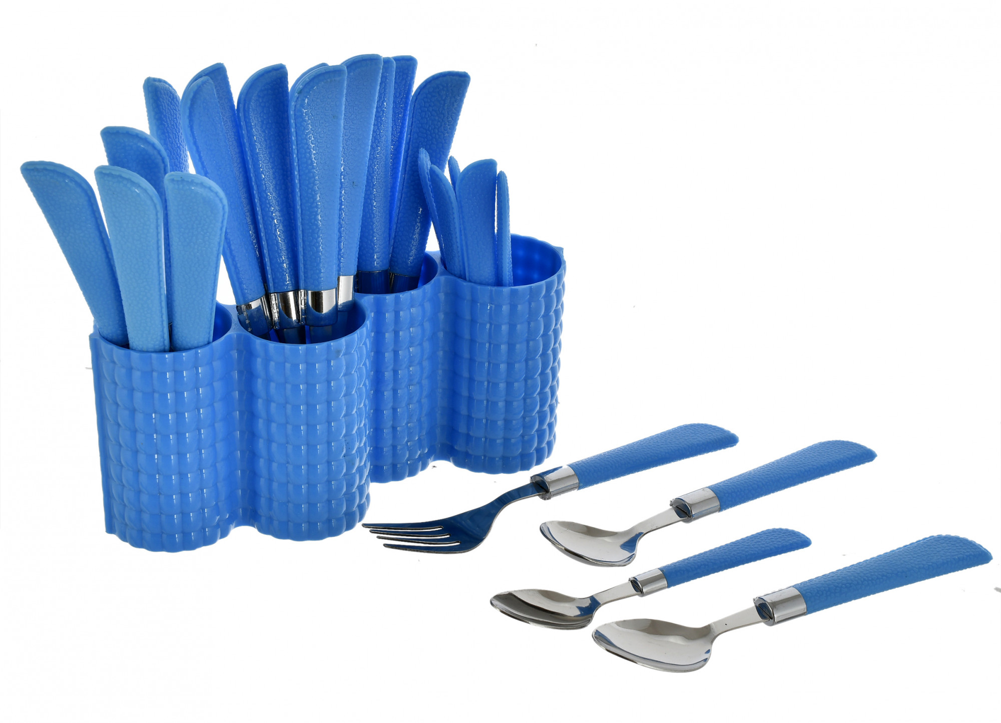 Kuber Industries ABS Plastic & Stainless Steel Nice Cutlery Set, 6 Dessert Spoon, 6 Fork, 6 Soup Spoon, 6 Tea Spoon With 1 Stand (Set of 24, Blue)-KUBMART3296