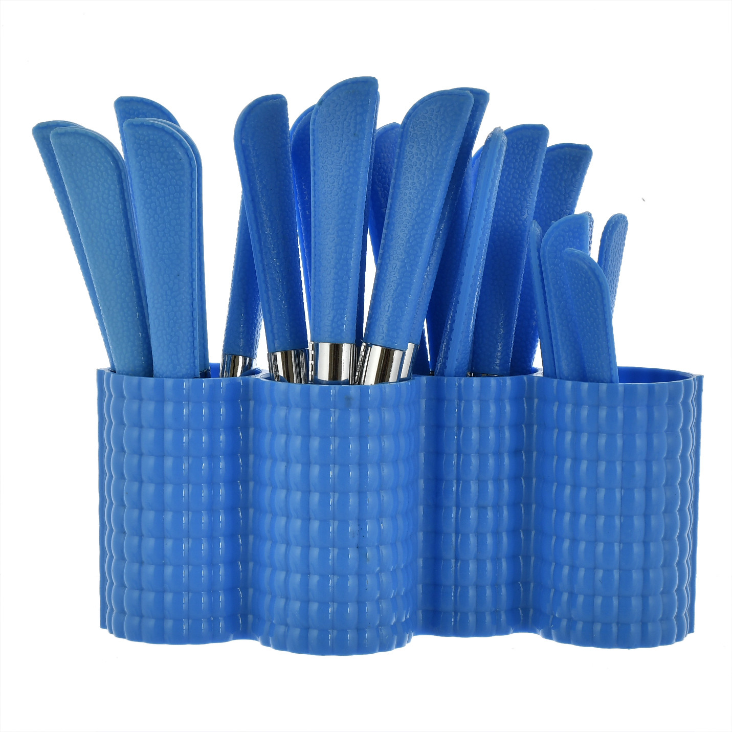 Kuber Industries ABS Plastic & Stainless Steel Nice Cutlery Set, 6 Dessert Spoon, 6 Fork, 6 Soup Spoon, 6 Tea Spoon With 1 Stand (Set of 24, Blue)-KUBMART3296
