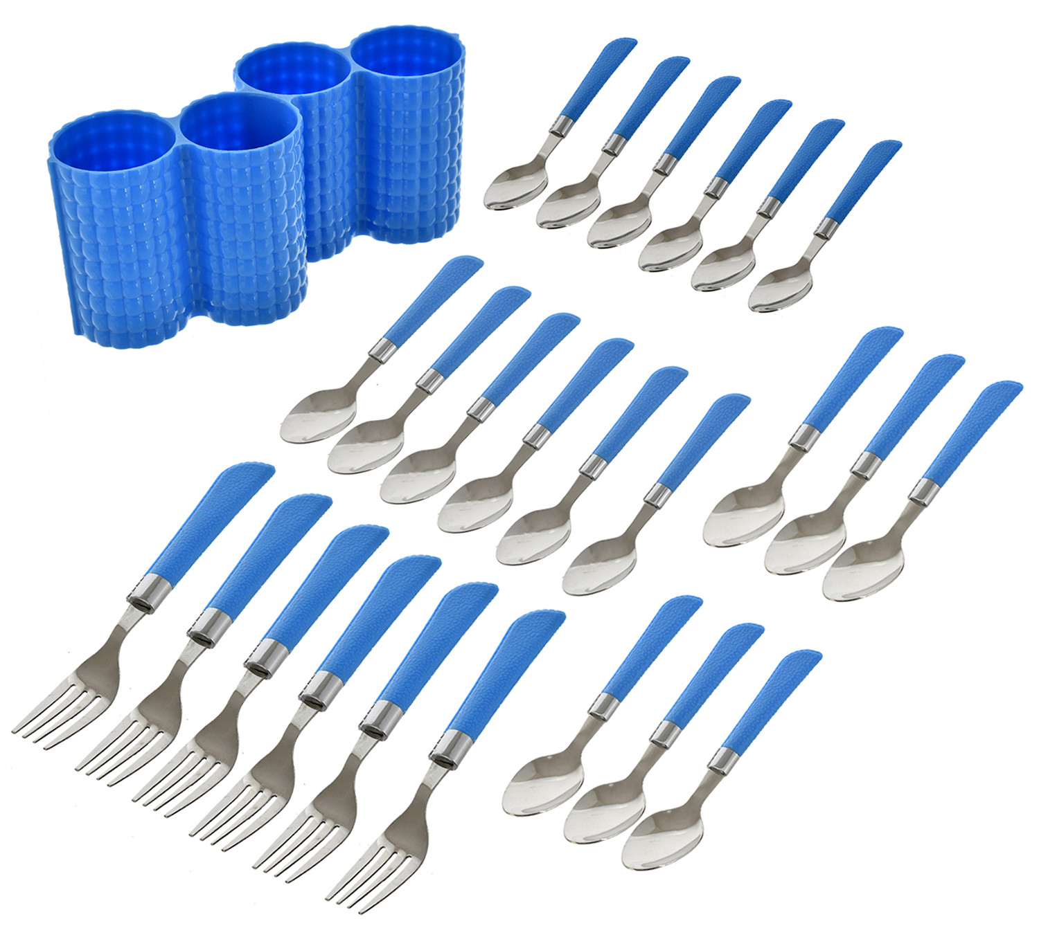 Kuber Industries ABS Plastic & Stainless Steel Nice Cutlery Set, 6 Dessert Spoon, 6 Fork, 6 Soup Spoon, 6 Tea Spoon With 1 Stand (Set of 24, Blue)-KUBMART3296