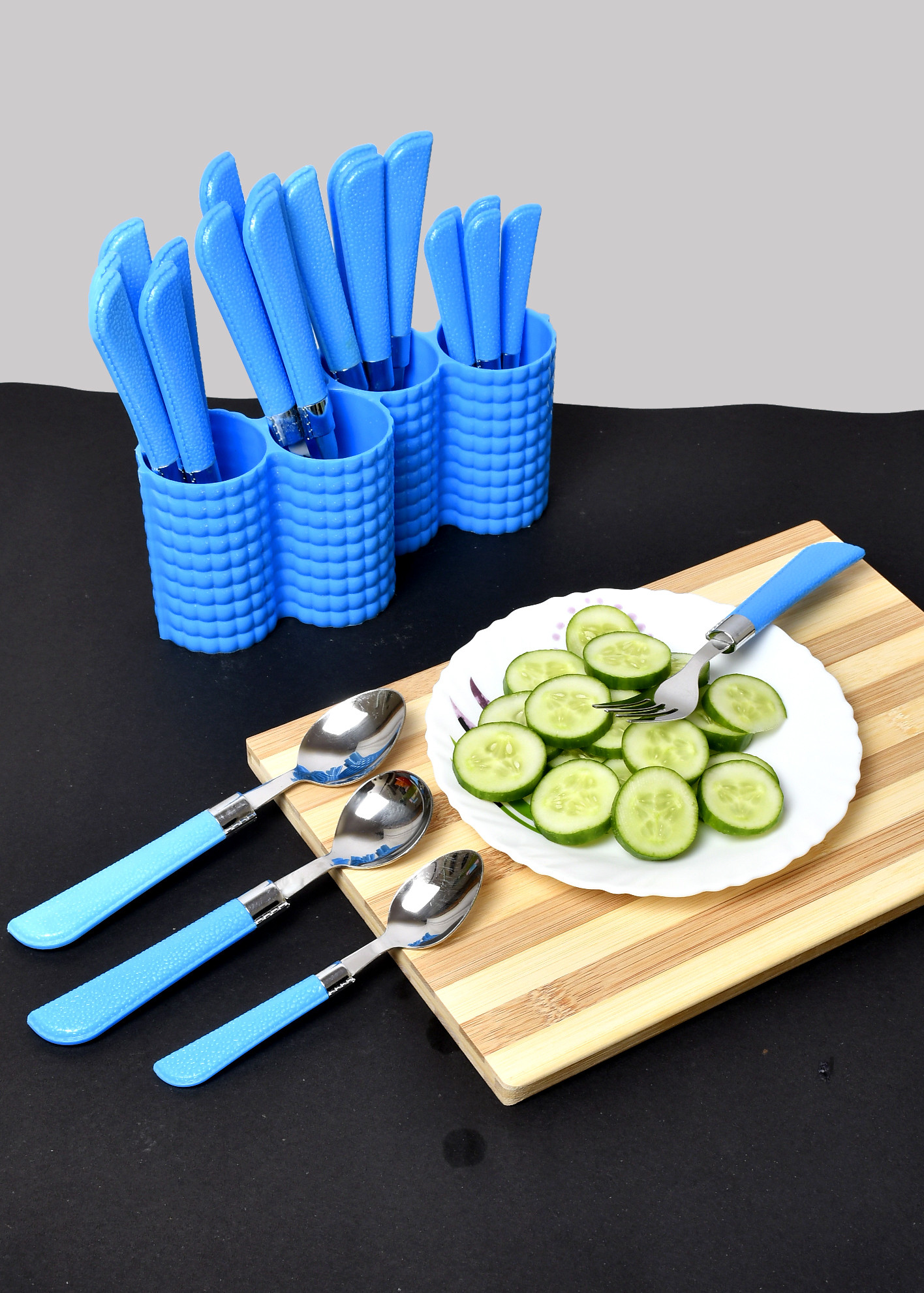 Kuber Industries ABS Plastic & Stainless Steel Nice Cutlery Set, 6 Dessert Spoon, 6 Fork, 6 Soup Spoon, 6 Tea Spoon With 1 Stand (Set of 24, Blue)-KUBMART3296