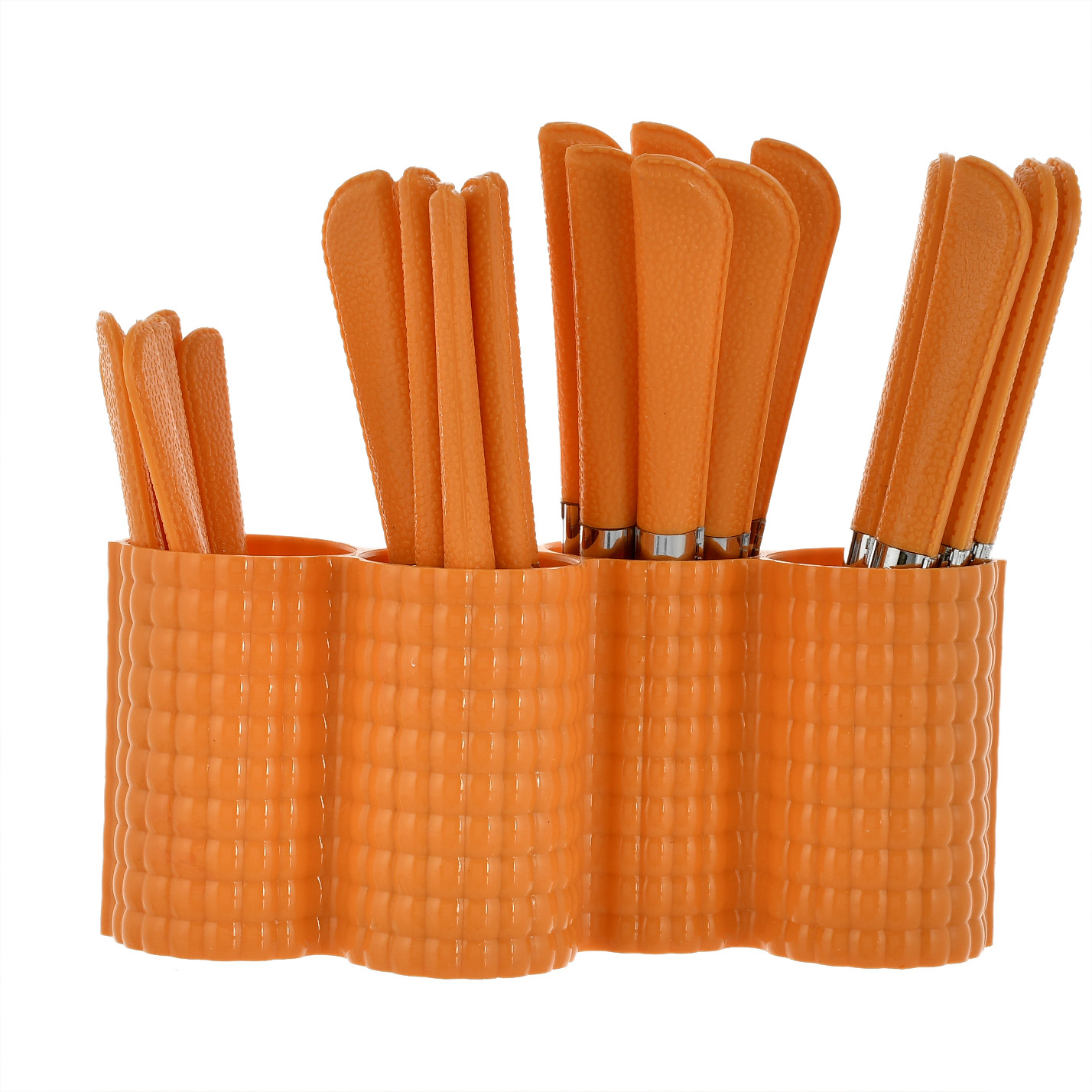 Kuber Industries ABS Plastic & Stainless Steel Nice Cutlery Set, 6 Dessert Spoon, 6 Fork, 6 Soup Spoon, 6 Tea Spoon With 1 Stand (Set of 24, Orange)-KUBMART3298