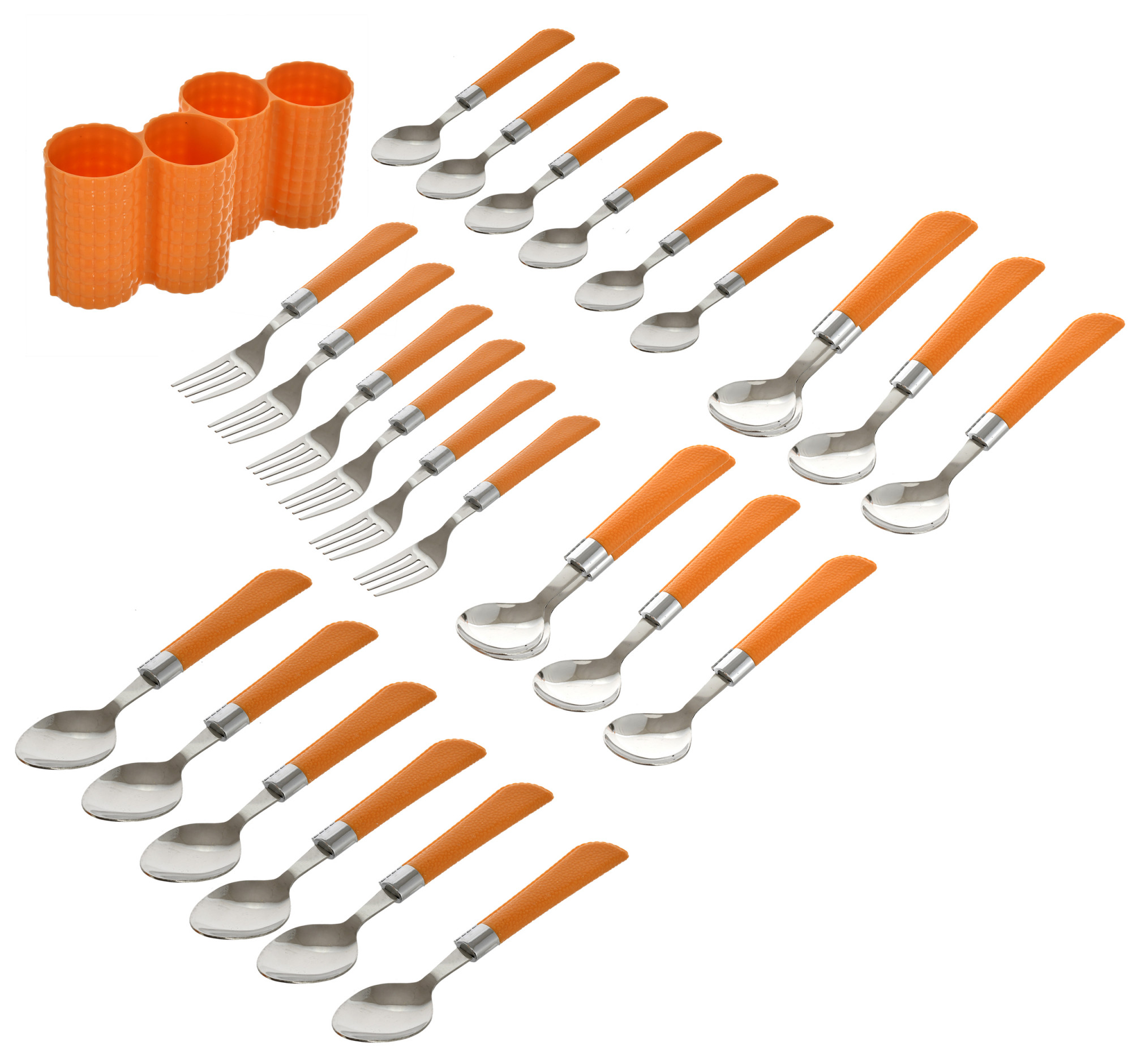 Kuber Industries ABS Plastic & Stainless Steel Nice Cutlery Set, 6 Dessert Spoon, 6 Fork, 6 Soup Spoon, 6 Tea Spoon With 1 Stand (Set of 24, Orange)-KUBMART3298