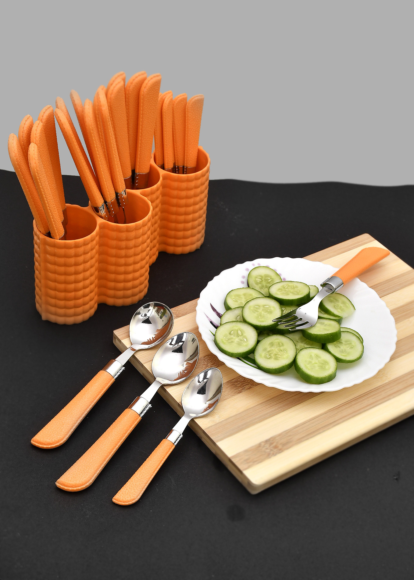 Kuber Industries ABS Plastic & Stainless Steel Nice Cutlery Set, 6 Dessert Spoon, 6 Fork, 6 Soup Spoon, 6 Tea Spoon With 1 Stand (Set of 24, Orange)-KUBMART3298