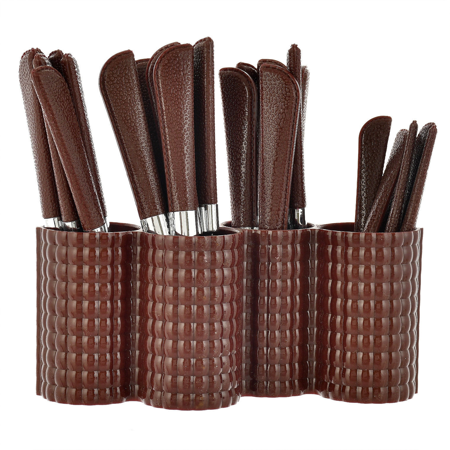 Kuber Industries ABS Plastic & Stainless Steel Nice Cutlery Set, 6 Dessert Spoon, 6 Fork, 6 Soup Spoon, 6 Tea Spoon With 1 Stand (Set of 24, Brown)-KUBMART3300