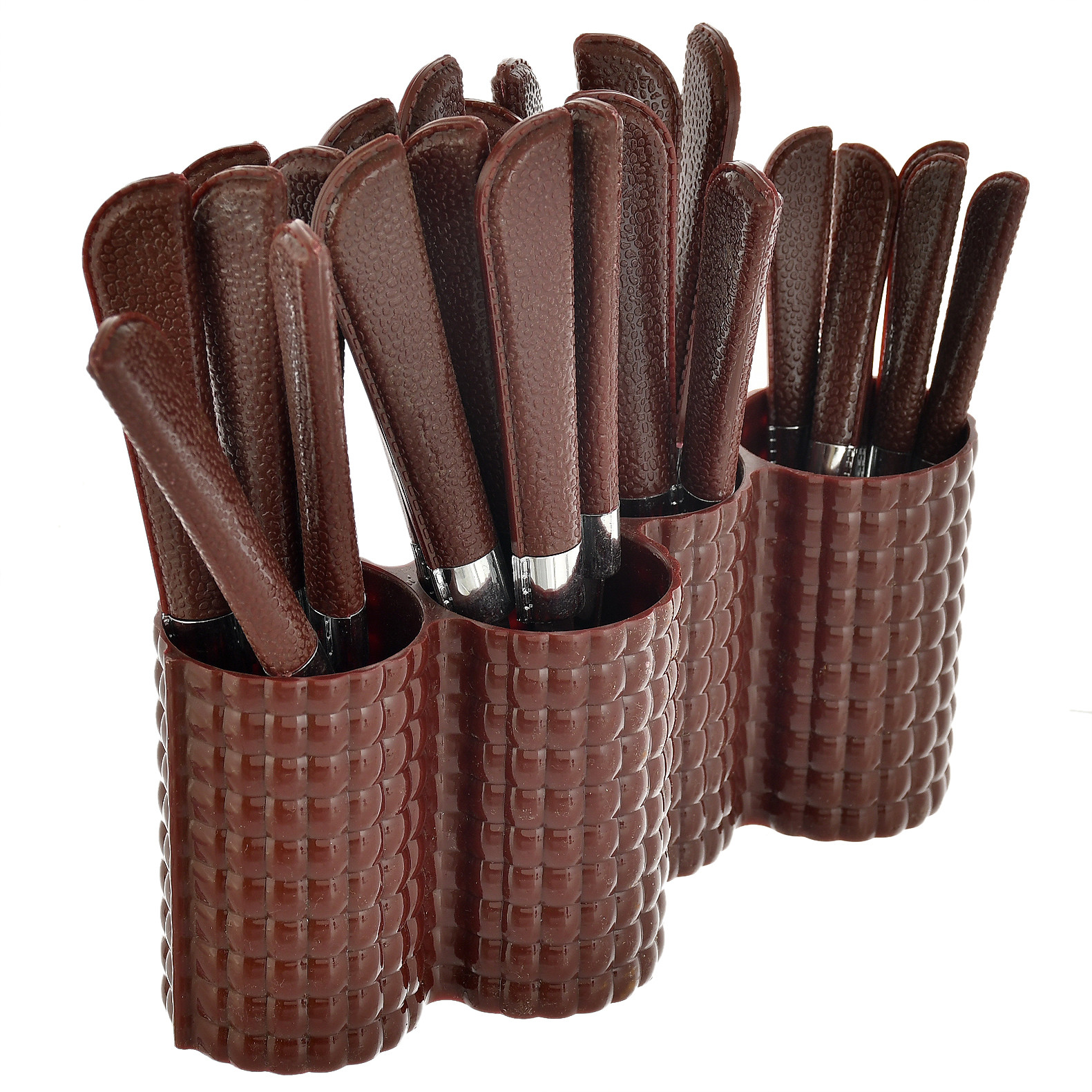 Kuber Industries ABS Plastic & Stainless Steel Nice Cutlery Set, 6 Dessert Spoon, 6 Fork, 6 Soup Spoon, 6 Tea Spoon With 1 Stand (Set of 24, Brown)-KUBMART3300