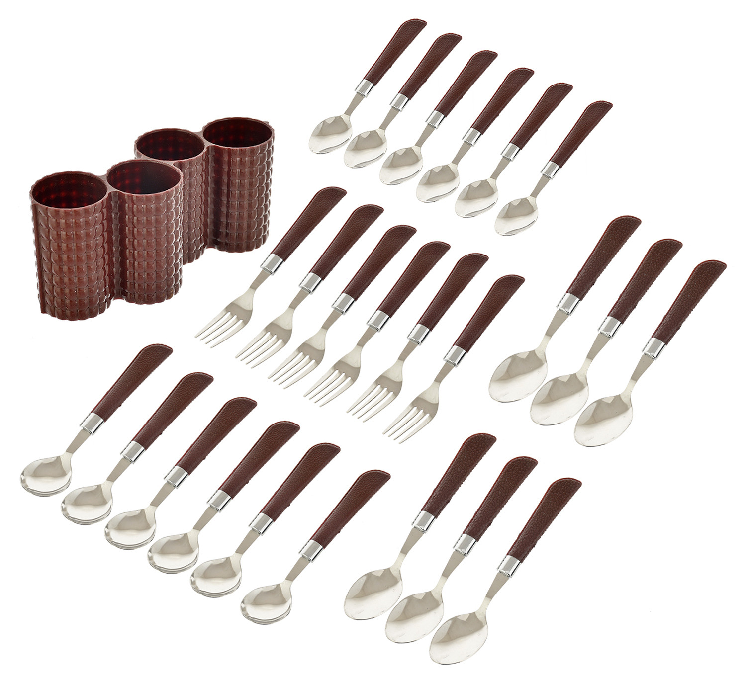 Kuber Industries ABS Plastic & Stainless Steel Nice Cutlery Set, 6 Dessert Spoon, 6 Fork, 6 Soup Spoon, 6 Tea Spoon With 1 Stand (Set of 24, Brown)-KUBMART3300