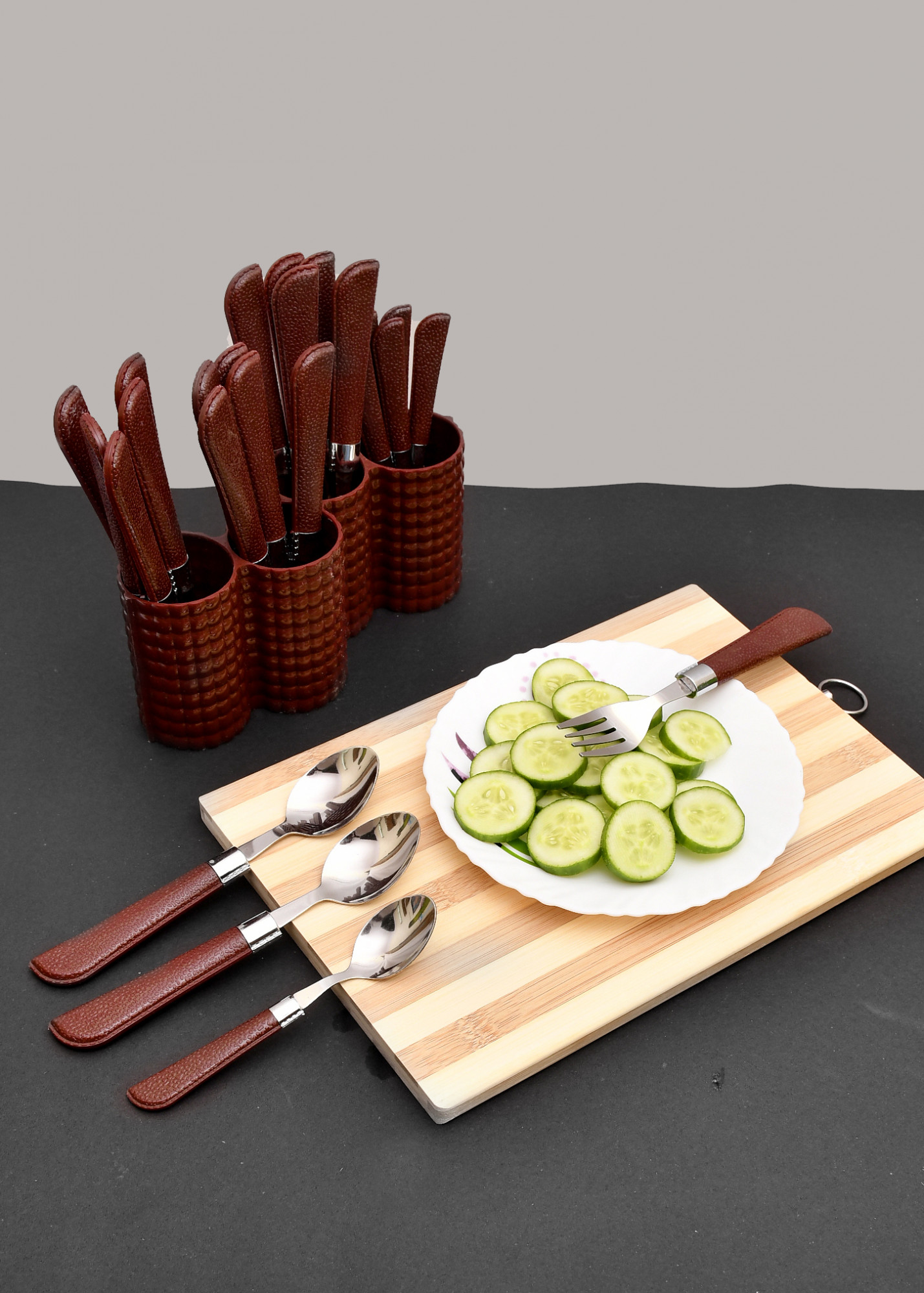 Kuber Industries ABS Plastic & Stainless Steel Nice Cutlery Set, 6 Dessert Spoon, 6 Fork, 6 Soup Spoon, 6 Tea Spoon With 1 Stand (Set of 24, Brown)-KUBMART3300