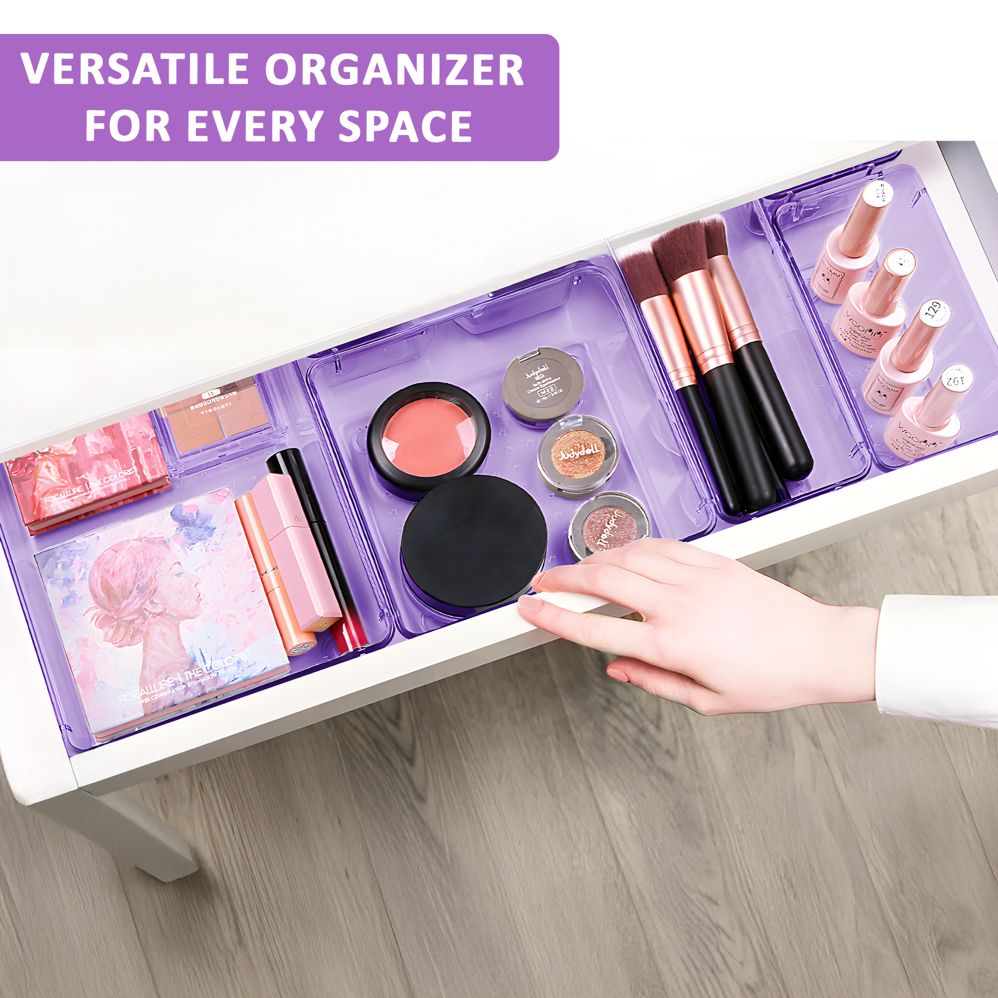 Kuber Industries Acrylic Set of 16 Transparent Cosmetic Organizer Tray  Drawers Organisers for Kitchen Office and Bathroom Vanity Makeup  Stationery Storage Drawer Divider Tray  Purple