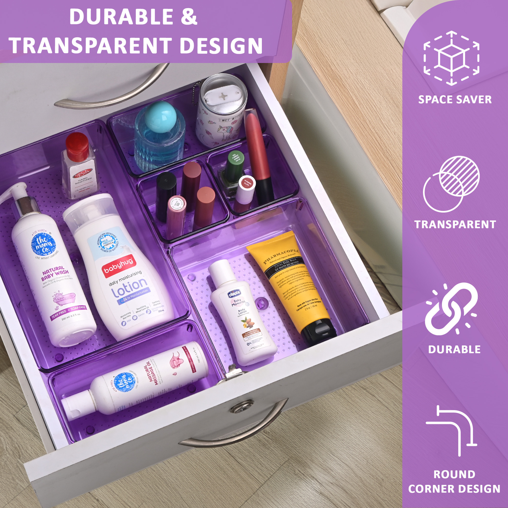 Kuber Industries Acrylic Set of 16 Transparent Cosmetic Organizer Tray  Drawers Organisers for Kitchen Office and Bathroom Vanity Makeup  Stationery Storage Drawer Divider Tray  Purple