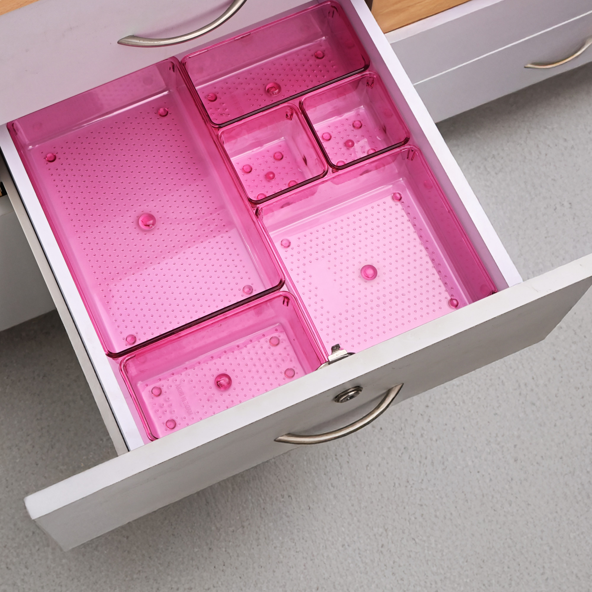 Kuber Industries Acrylic Set of 7 Transparent Cosmetic Organizer Tray  Drawers Organisers for Kitchen Office and Bathroom Vanity Makeup  Stationery Storage Drawer Divider Tray  Pink