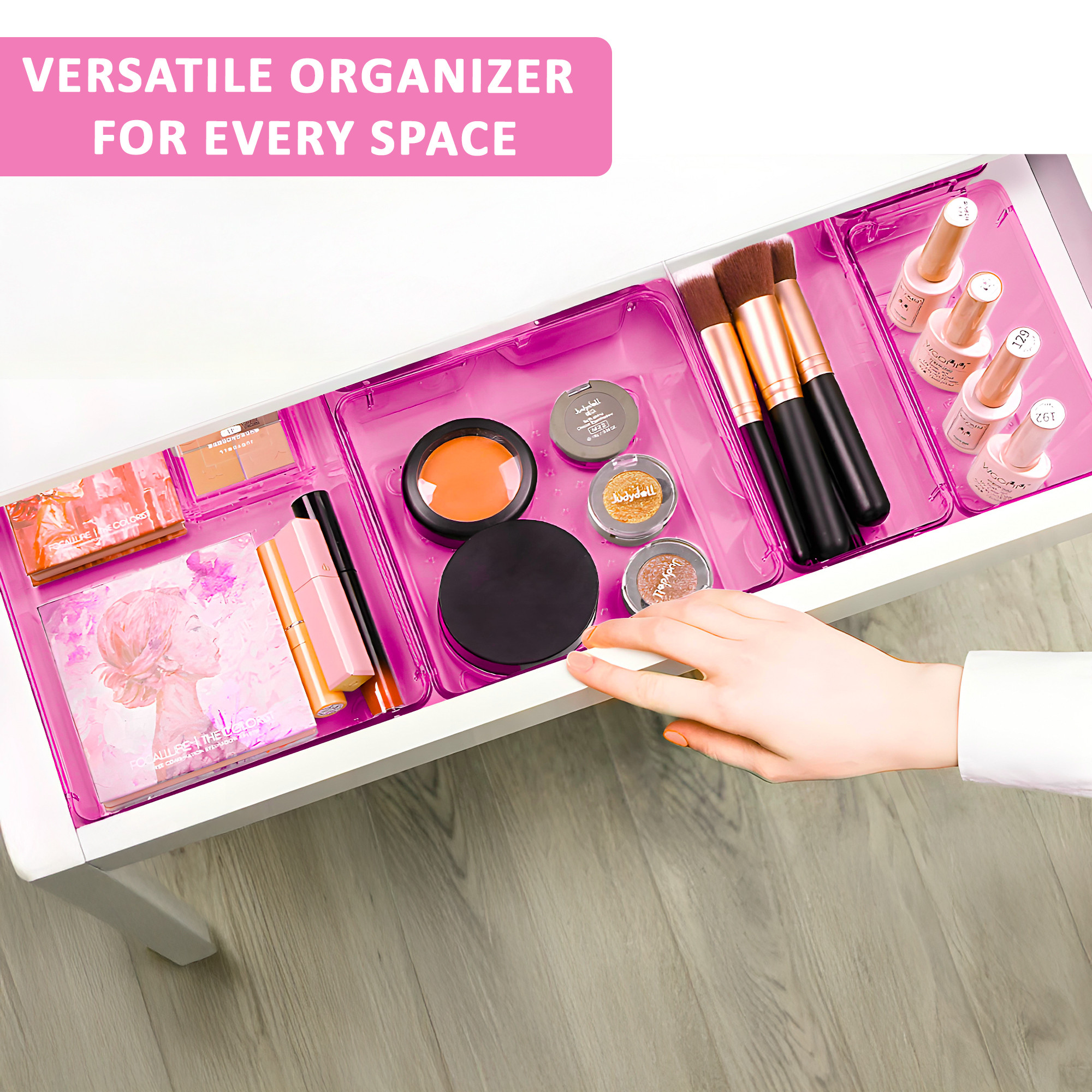 Kuber Industries Acrylic Set of 7 Transparent Cosmetic Organizer Tray  Drawers Organisers for Kitchen Office and Bathroom Vanity Makeup  Stationery Storage Drawer Divider Tray  Pink