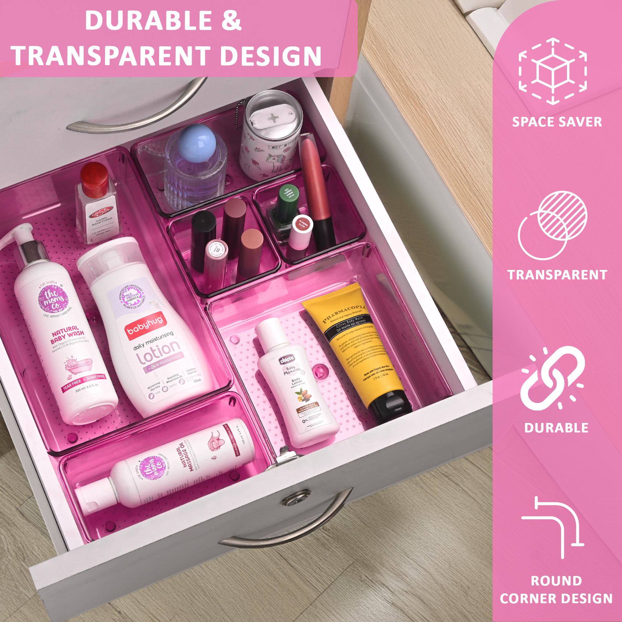 Kuber Industries Acrylic Set of 7 Transparent Cosmetic Organizer Tray  Drawers Organisers for Kitchen Office and Bathroom Vanity Makeup  Stationery Storage Drawer Divider Tray  Pink