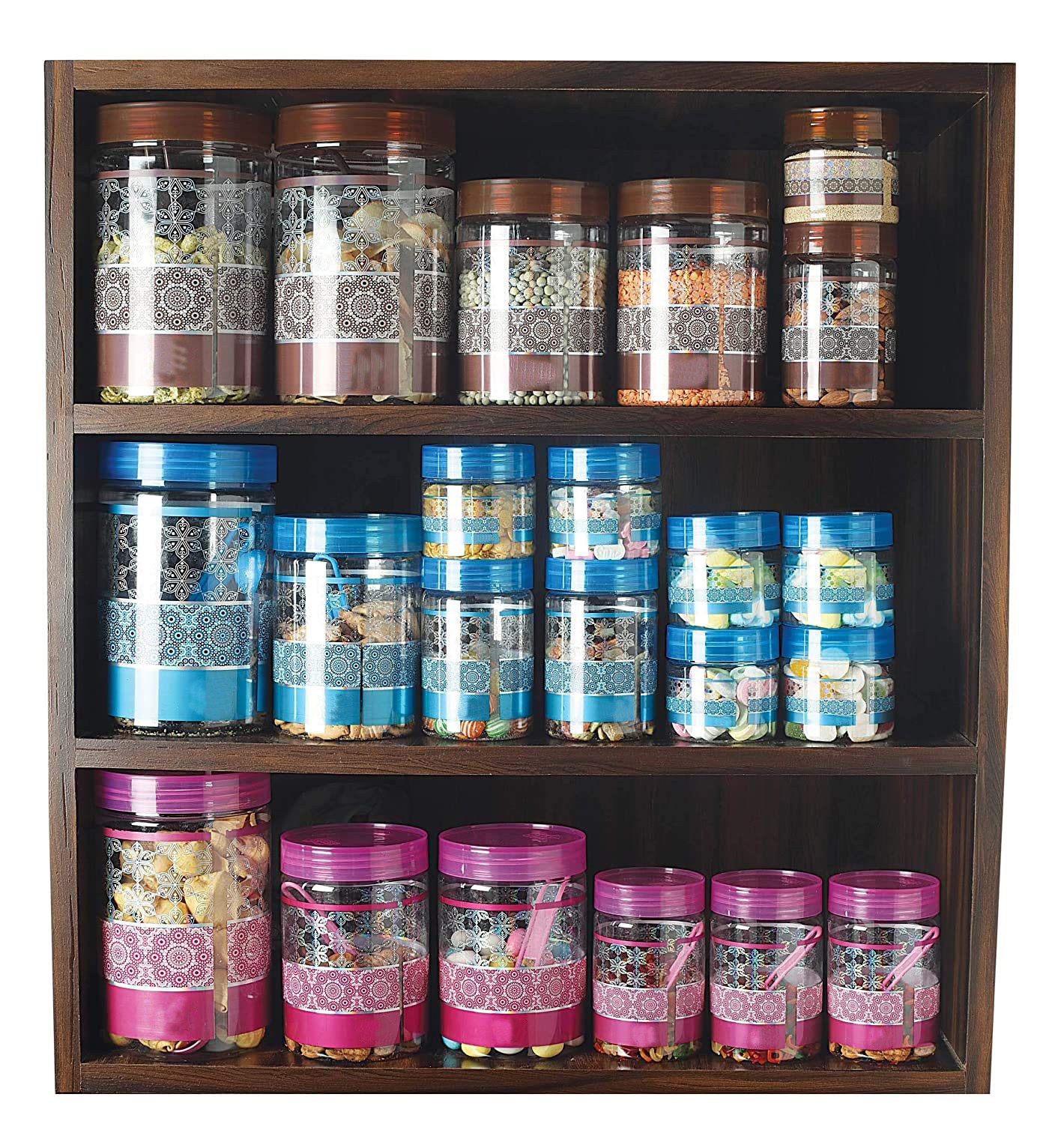 Kuber Industries Air Tight Food Grade Multiuses Tranasaparent Plastic Container Set With Measuring Spoons, Set of 18 (Brown)