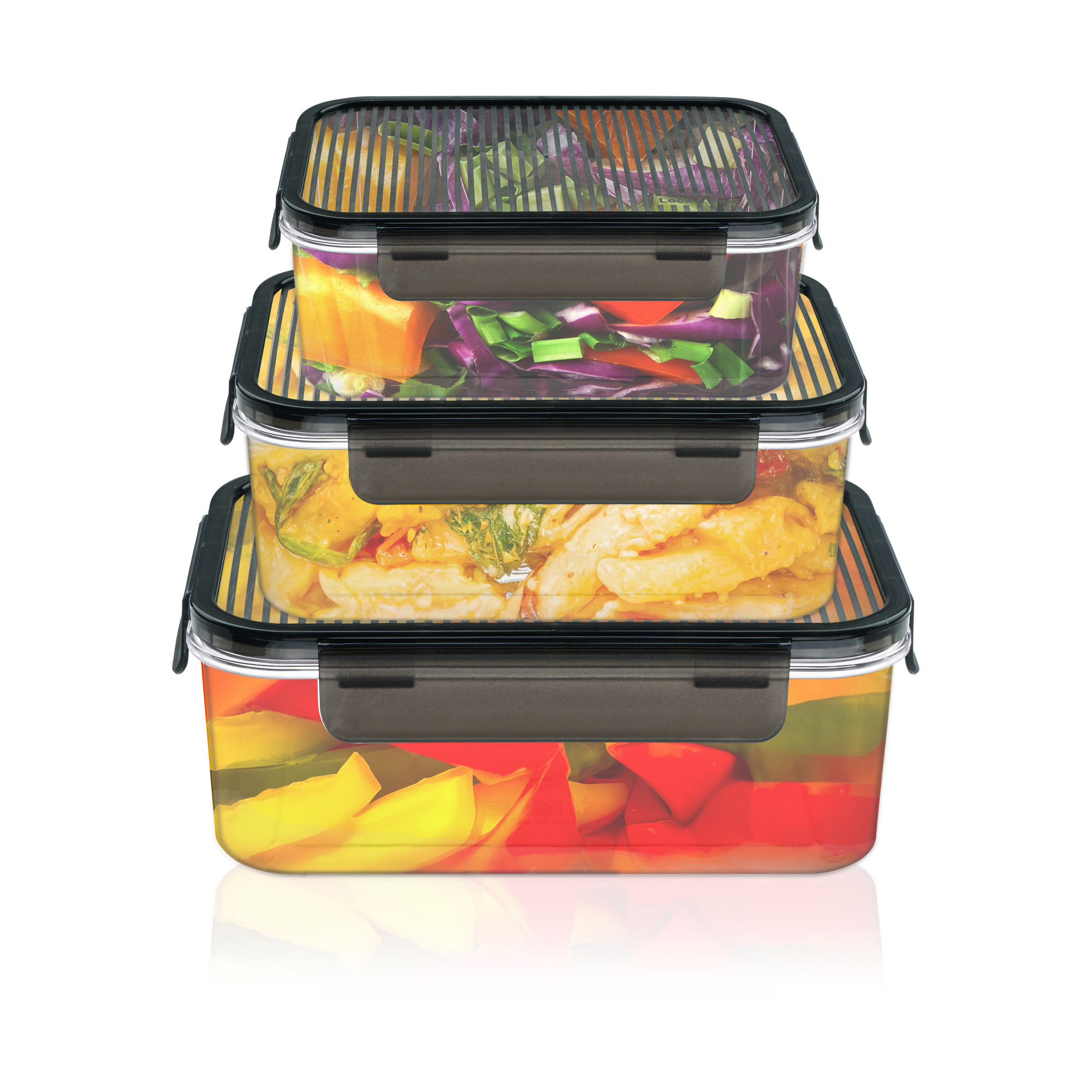Kuber Industries Airtight Kitchen Container Set of 3 - 400ml 900ml 1600ml  Transparent Fridge Box with Leak Proof Lid  Lock  Food Storage Container Snack Box Cookies Dry Fruits  Black