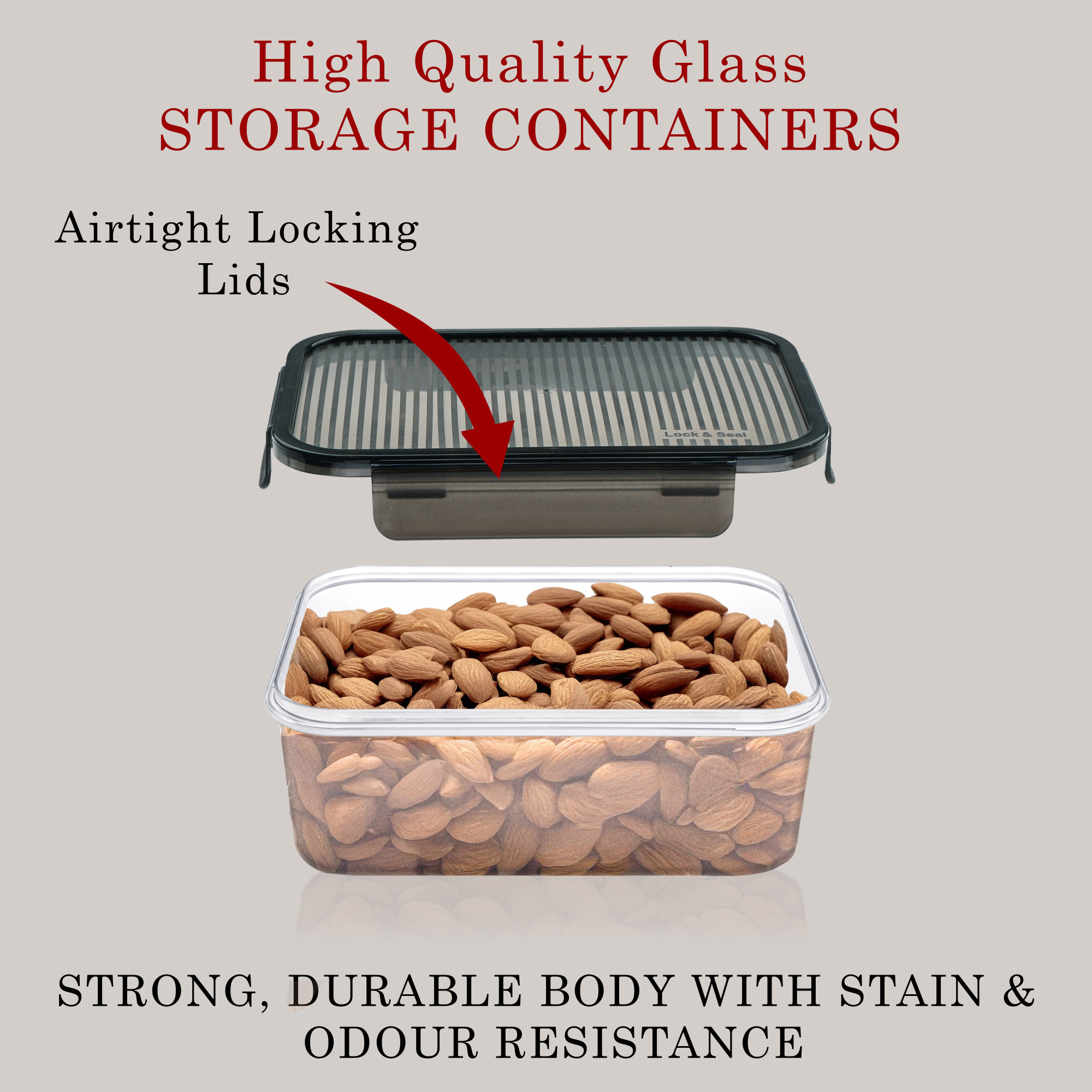 Kuber Industries Airtight Kitchen Container Set of 3 - 400ml 900ml 1600ml  Transparent Fridge Box with Leak Proof Lid  Lock  Food Storage Container Snack Box Cookies Dry Fruits  Black