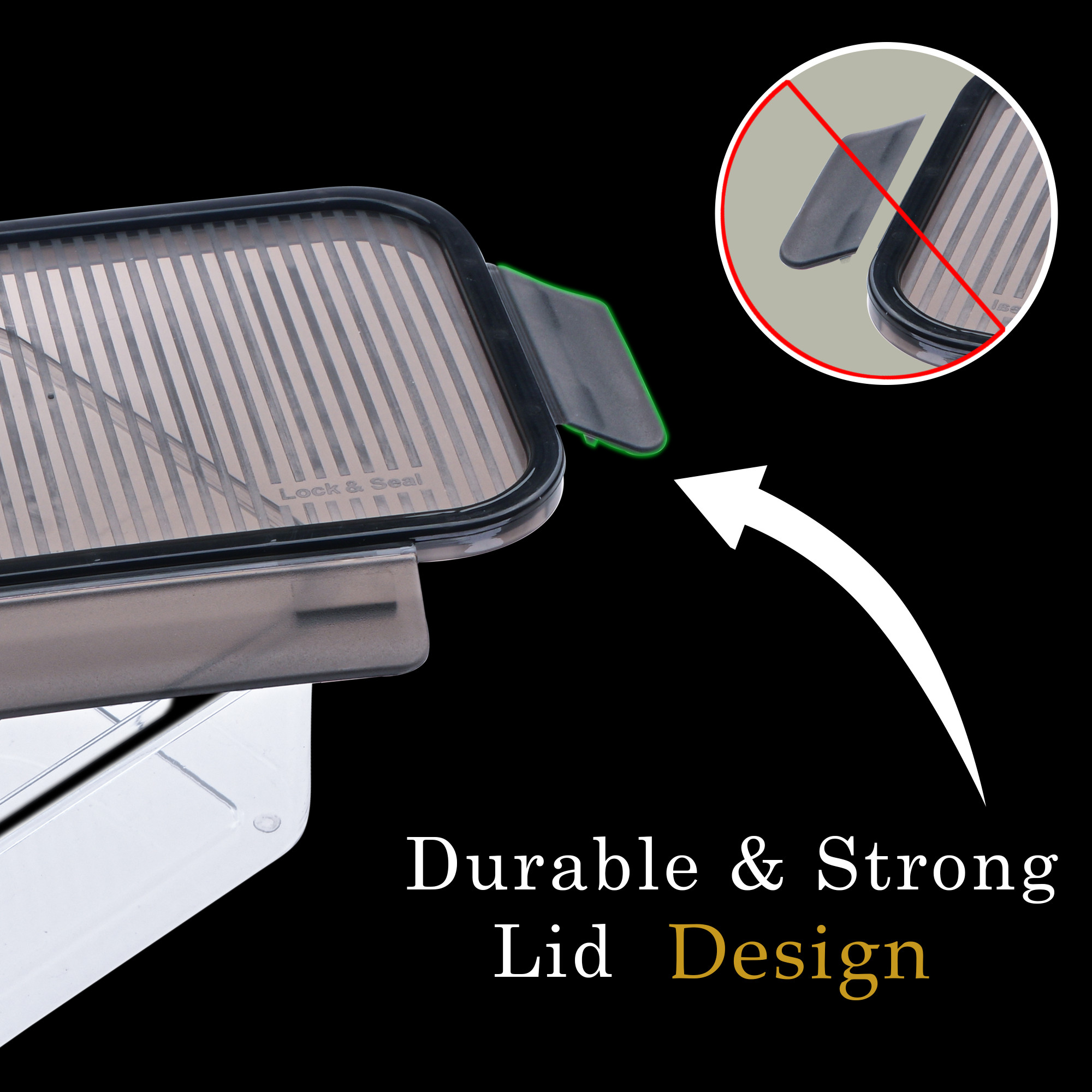 Kuber Industries Airtight Kitchen Container Set of 3 - 400ml 900ml 1600ml  Transparent Fridge Box with Leak Proof Lid  Lock  Food Storage Container Snack Box Cookies Dry Fruits  Black