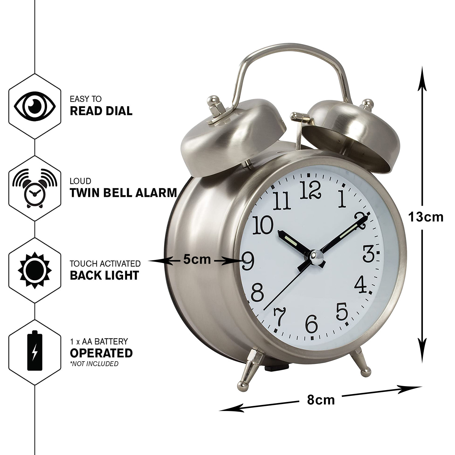 Kuber Industries Alarm Clock | Alloy Steel Table Alarm Clock | Alarm Clock for Gift | Alarm Clock with Night Display | Vintage Look Alarm Clock | Battery Operated | Silver