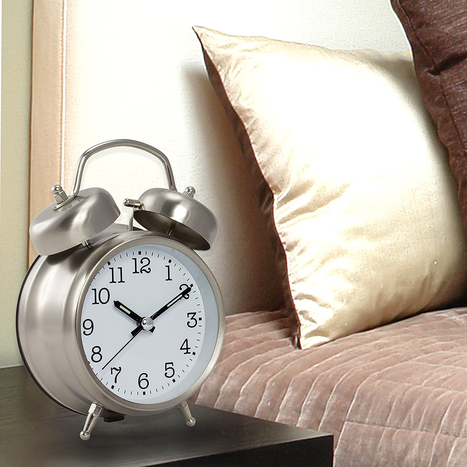 Kuber Industries Alarm Clock | Alloy Steel Table Alarm Clock | Alarm Clock for Gift | Alarm Clock with Night Display | Vintage Look Alarm Clock | Battery Operated | Silver