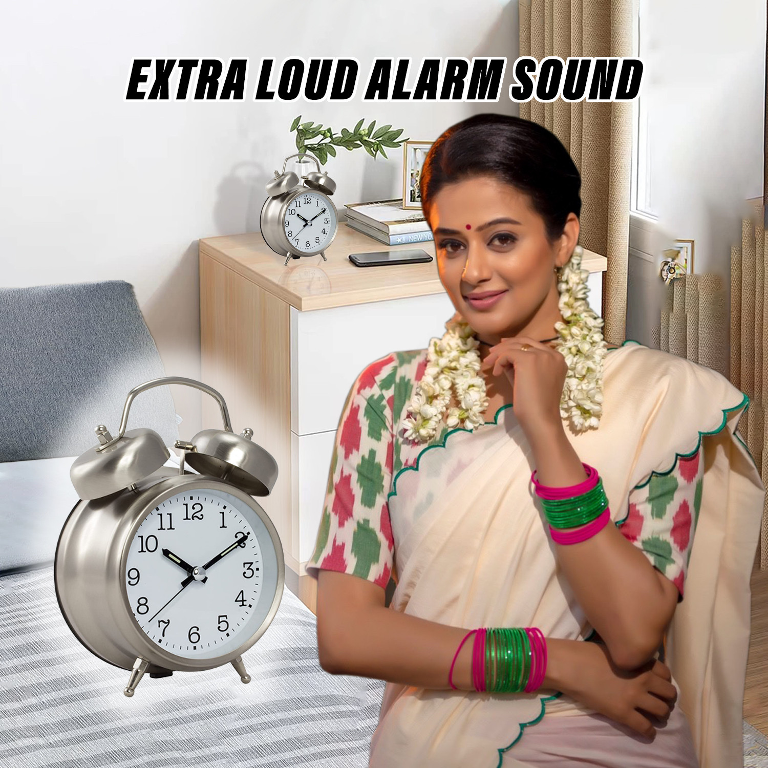 Kuber Industries Alarm Clock | Alloy Steel Table Alarm Clock | Alarm Clock for Gift | Alarm Clock with Night Display | Vintage Look Alarm Clock | Battery Operated | Silver