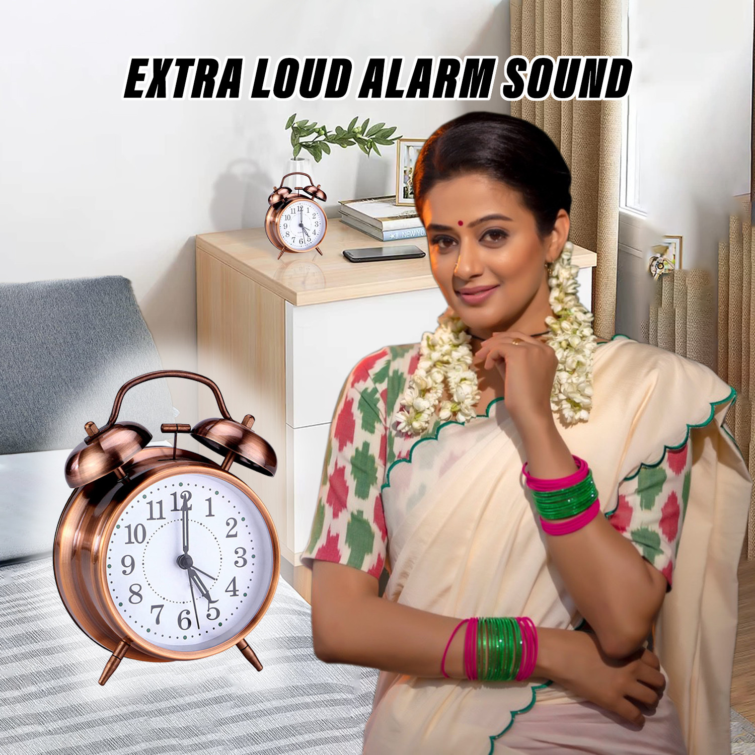 Kuber Industries Alarm Clock | Alloy Steel Table Alarm Clock | Alarm Clock for Gift | Alarm Clock with Night Display | Vintage Look Alarm Clock | Battery Operated |Copper