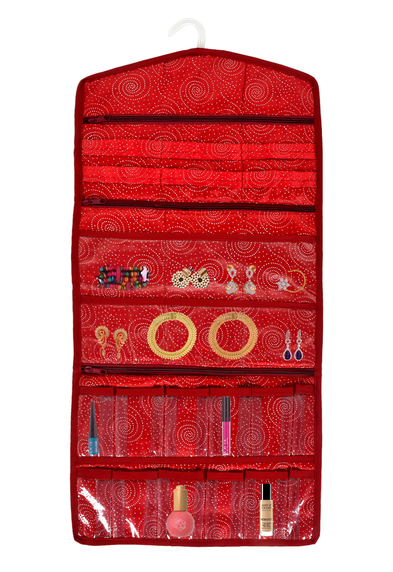 Kuber Industries Ambrose Hanging Jewellery Organizer For Storing Earrings Necklace Bracelet Ring Accessory With 18 Small Pockets & 3 Large Zipper Pockets With Plastic Hanger (Maroon)-HS_38_KUBMART21147