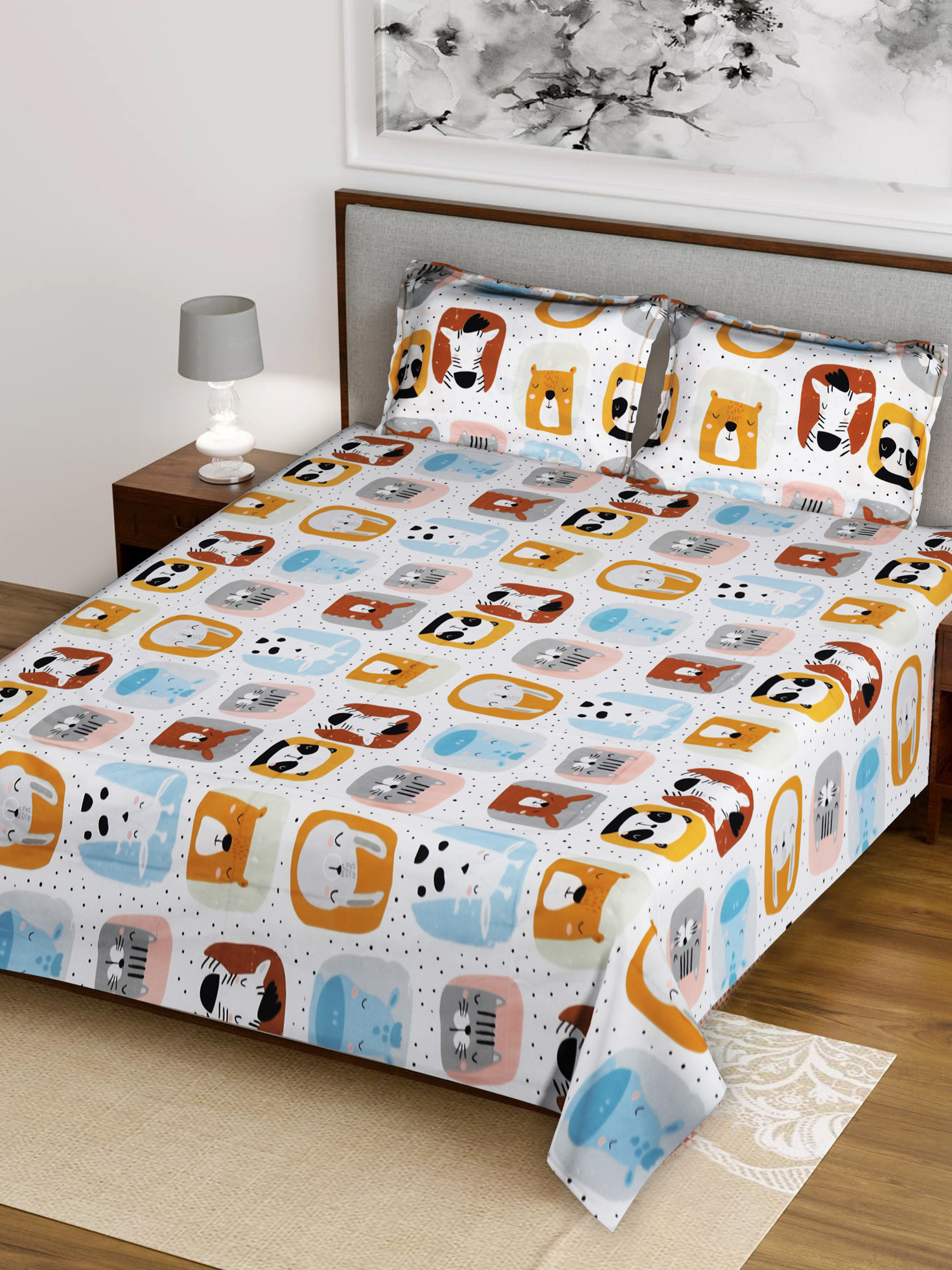 Kuber Industries Animal Character Printed Luxurious Soft Breathable & Comfortable Glace Cotton Double Bedsheet With 2 Pillow Covers (Sky Blue & Deep Yellow)-HS43KUBMART26797