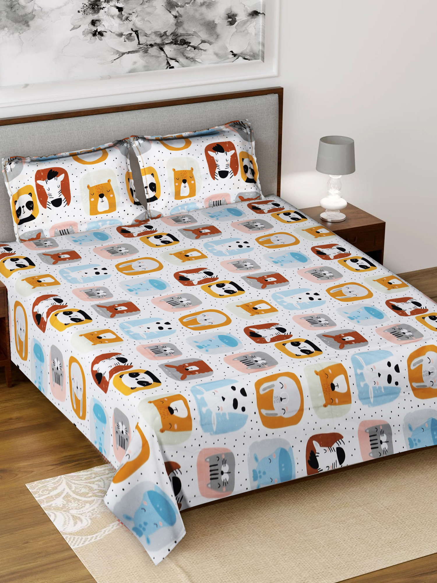Kuber Industries Animal Character Printed Luxurious Soft Breathable & Comfortable Glace Cotton Double Bedsheet With 2 Pillow Covers (Sky Blue & Deep Yellow)-HS43KUBMART26797